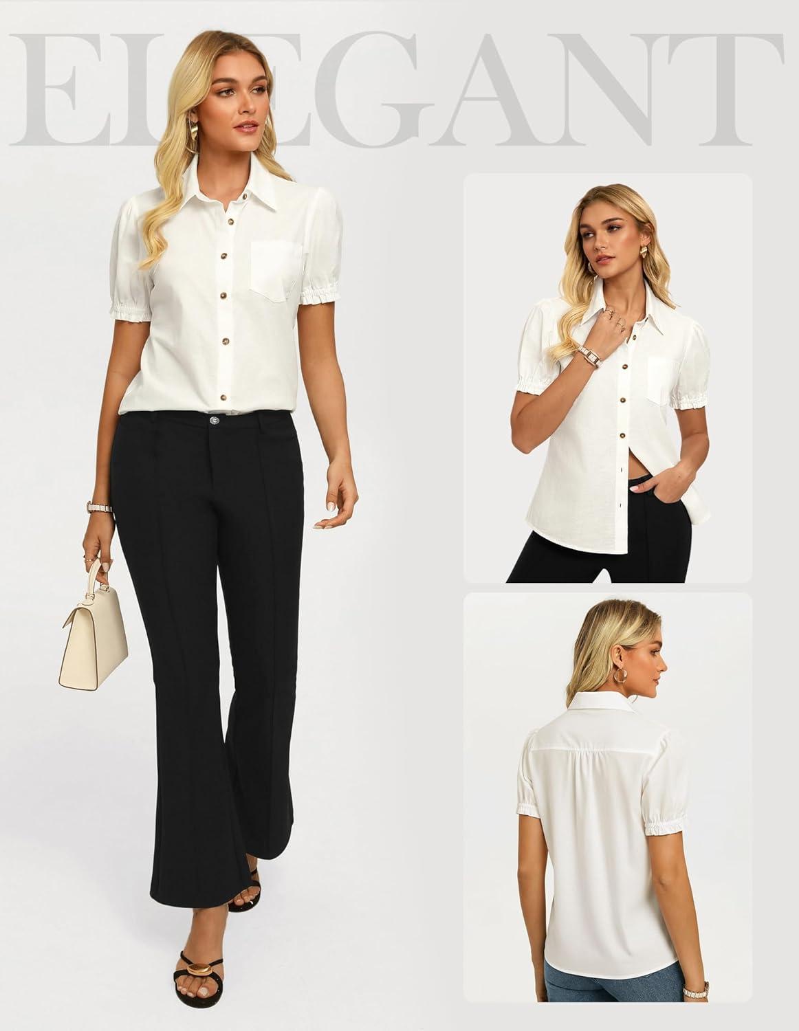 imageGRACE KARIN Womens Cotton Linen Blouse V Neck Puff Short Sleeve Button Down Work Summer TopsWhite