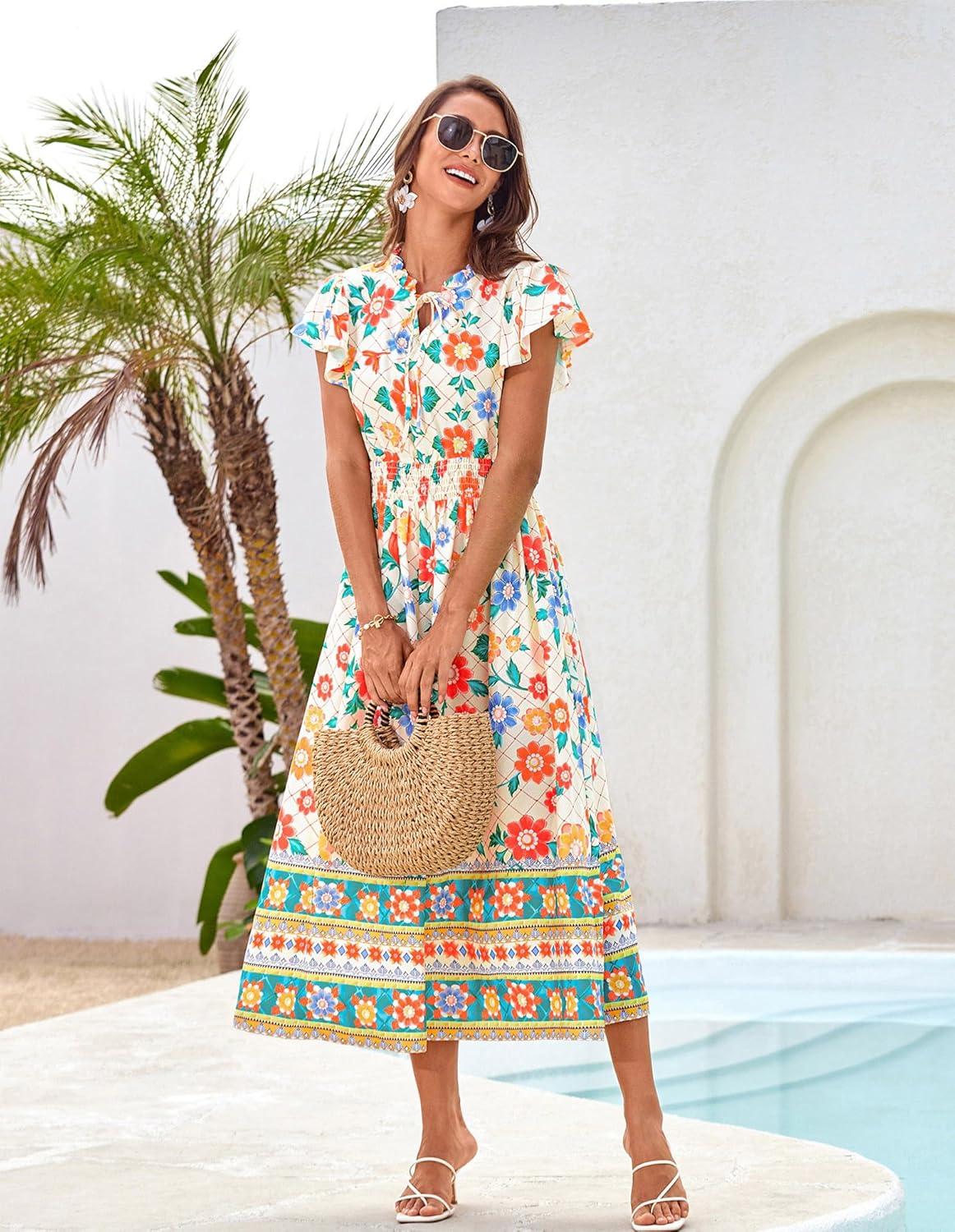 imageGRACE KARIN Womens Floral Boho Dress Hawaiian Dresse Short Sleeve V Neck Summer Beach Wedding Guest Swing Maxi SundressApricot Green Flowers