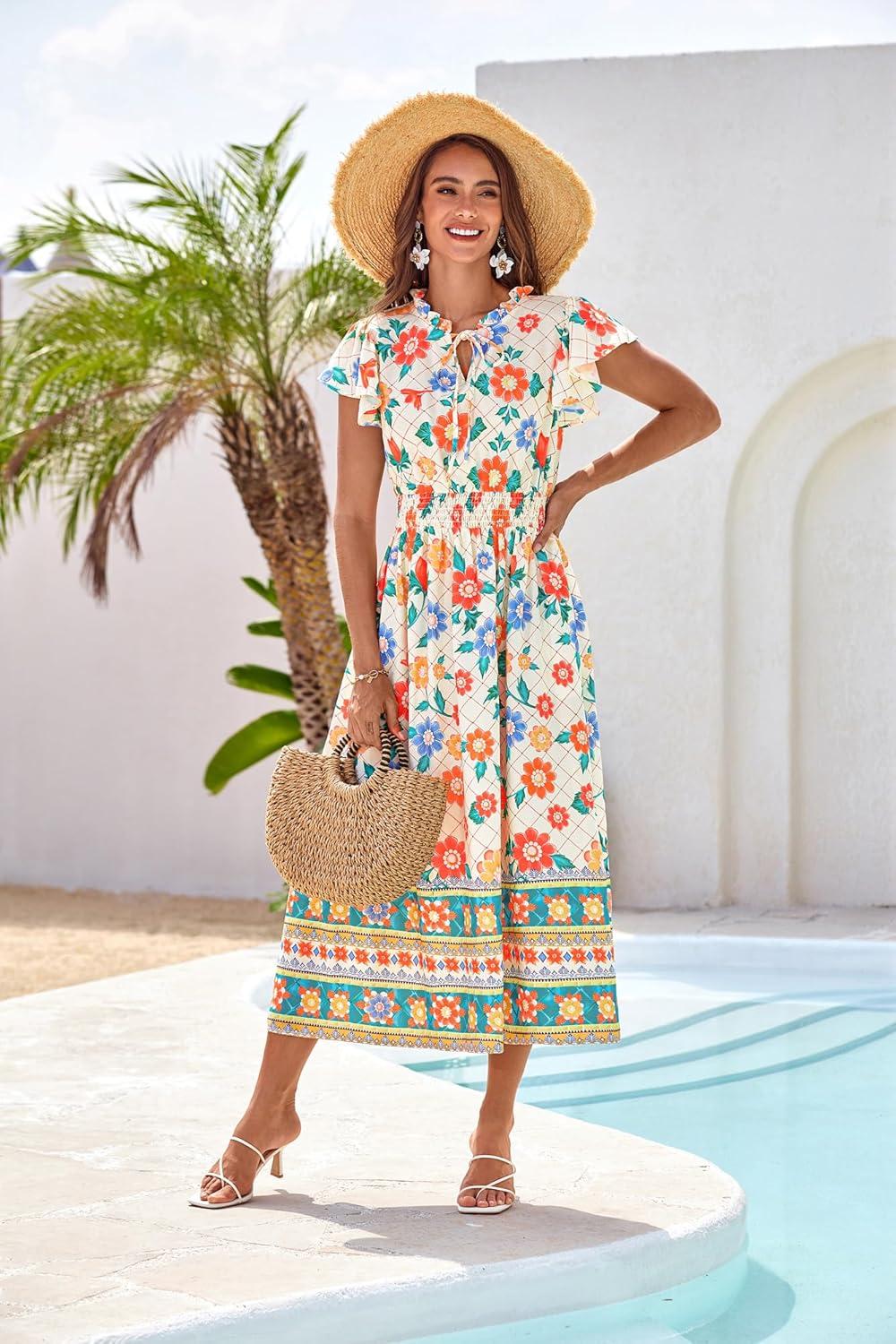 imageGRACE KARIN Womens Floral Boho Dress Hawaiian Dresse Short Sleeve V Neck Summer Beach Wedding Guest Swing Maxi SundressApricot Green Flowers