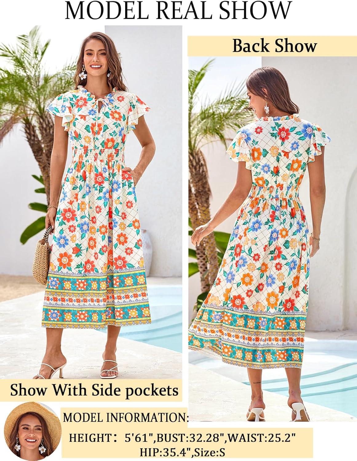imageGRACE KARIN Womens Floral Boho Dress Hawaiian Dresse Short Sleeve V Neck Summer Beach Wedding Guest Swing Maxi SundressApricot Green Flowers
