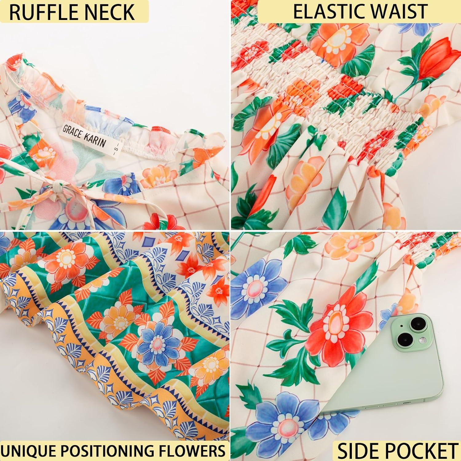imageGRACE KARIN Womens Floral Boho Dress Hawaiian Dresse Short Sleeve V Neck Summer Beach Wedding Guest Swing Maxi SundressApricot Green Flowers