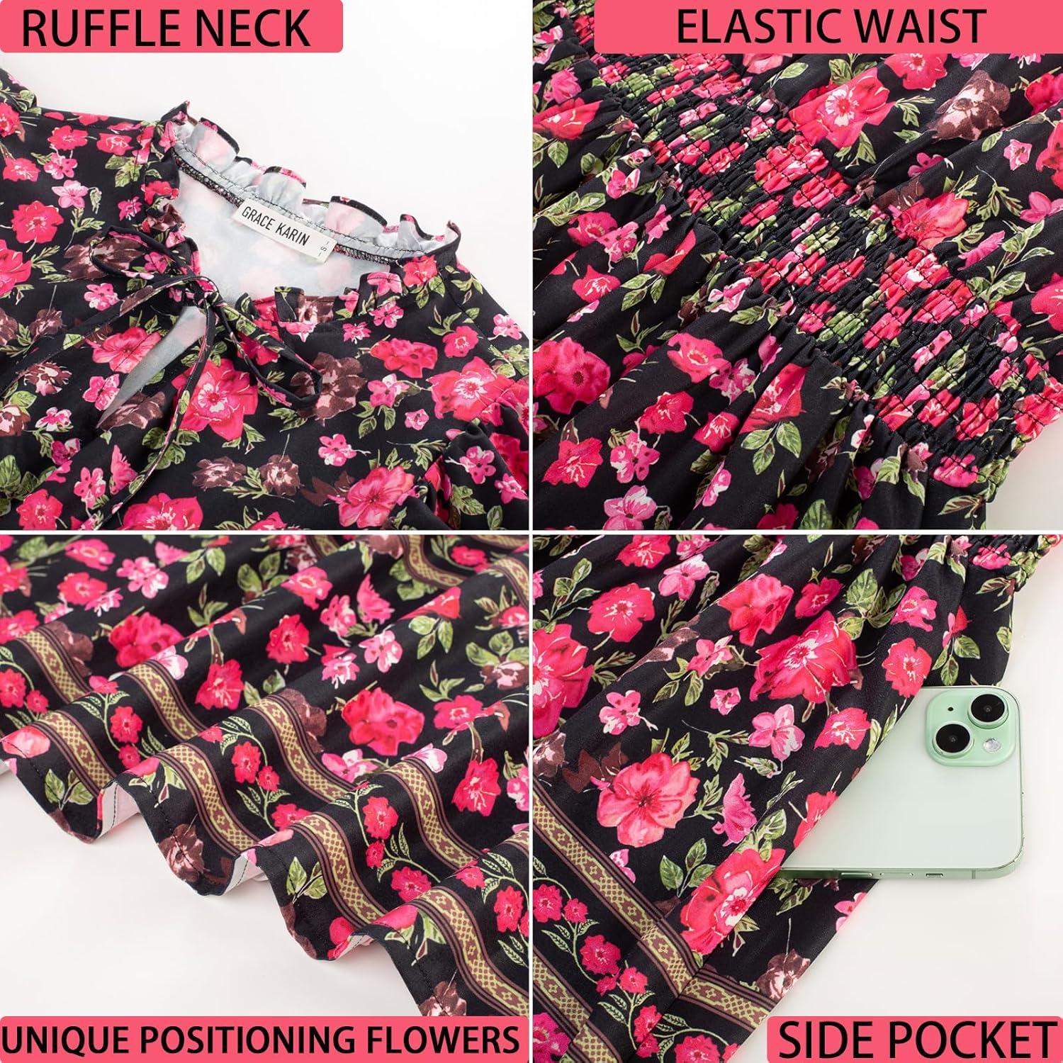 imageGRACE KARIN Womens Floral Boho Dress Hawaiian Dresse Short Sleeve V Neck Summer Beach Wedding Guest Swing Maxi SundressBlack With Red Flower