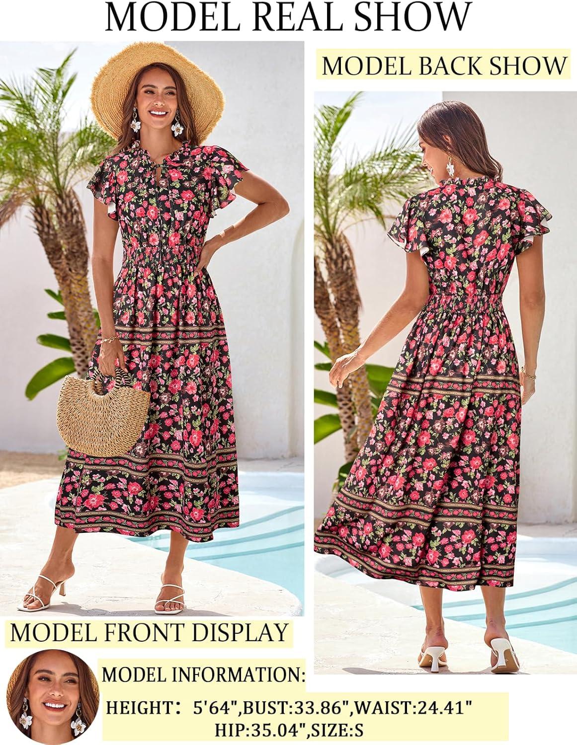 imageGRACE KARIN Womens Floral Boho Dress Hawaiian Dresse Short Sleeve V Neck Summer Beach Wedding Guest Swing Maxi SundressBlack With Red Flower