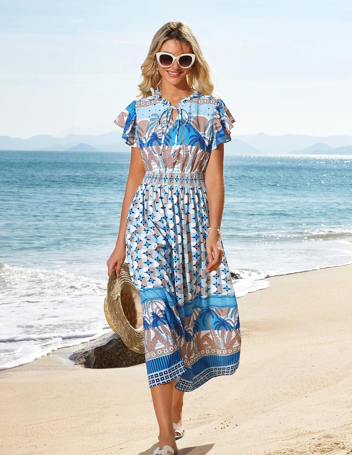 imageGRACE KARIN Womens Floral Boho Dress Hawaiian Dresse Short Sleeve V Neck Summer Beach Wedding Guest Swing Maxi SundressBlue Coconut