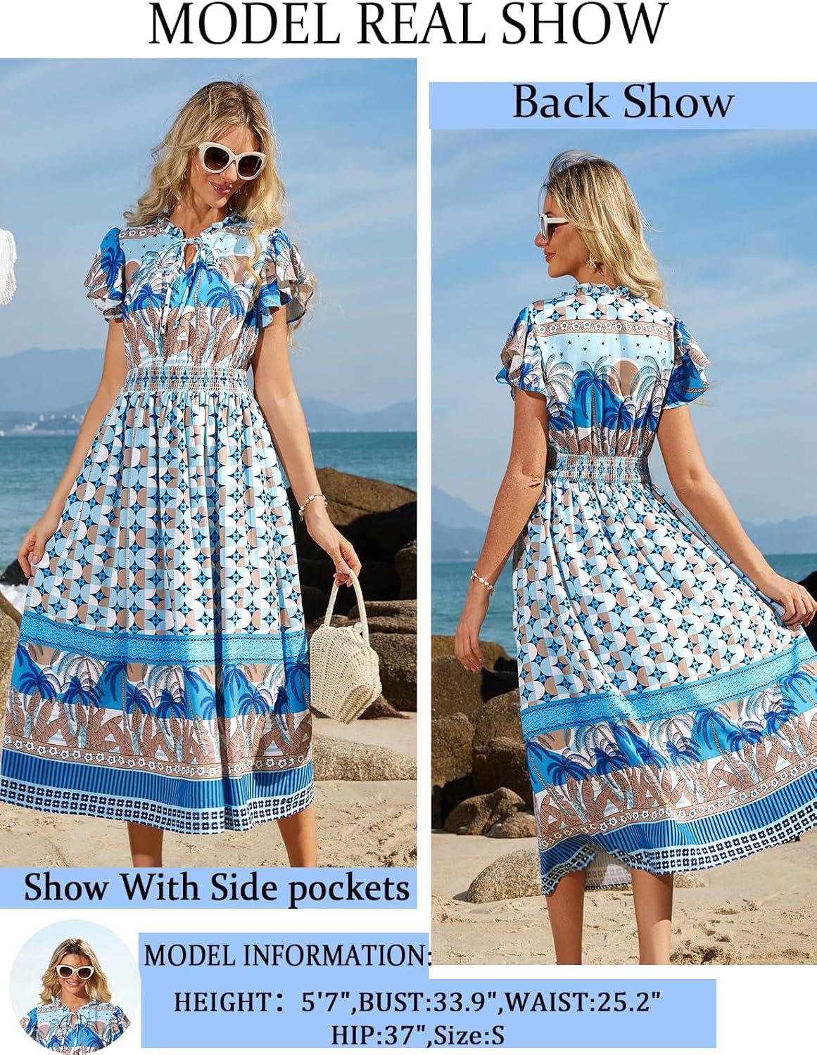 imageGRACE KARIN Womens Floral Boho Dress Hawaiian Dresse Short Sleeve V Neck Summer Beach Wedding Guest Swing Maxi SundressBlue Coconut
