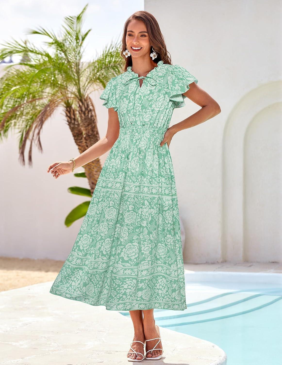 imageGRACE KARIN Womens Floral Boho Dress Hawaiian Dresse Short Sleeve V Neck Summer Beach Wedding Guest Swing Maxi SundressGreen White Floral