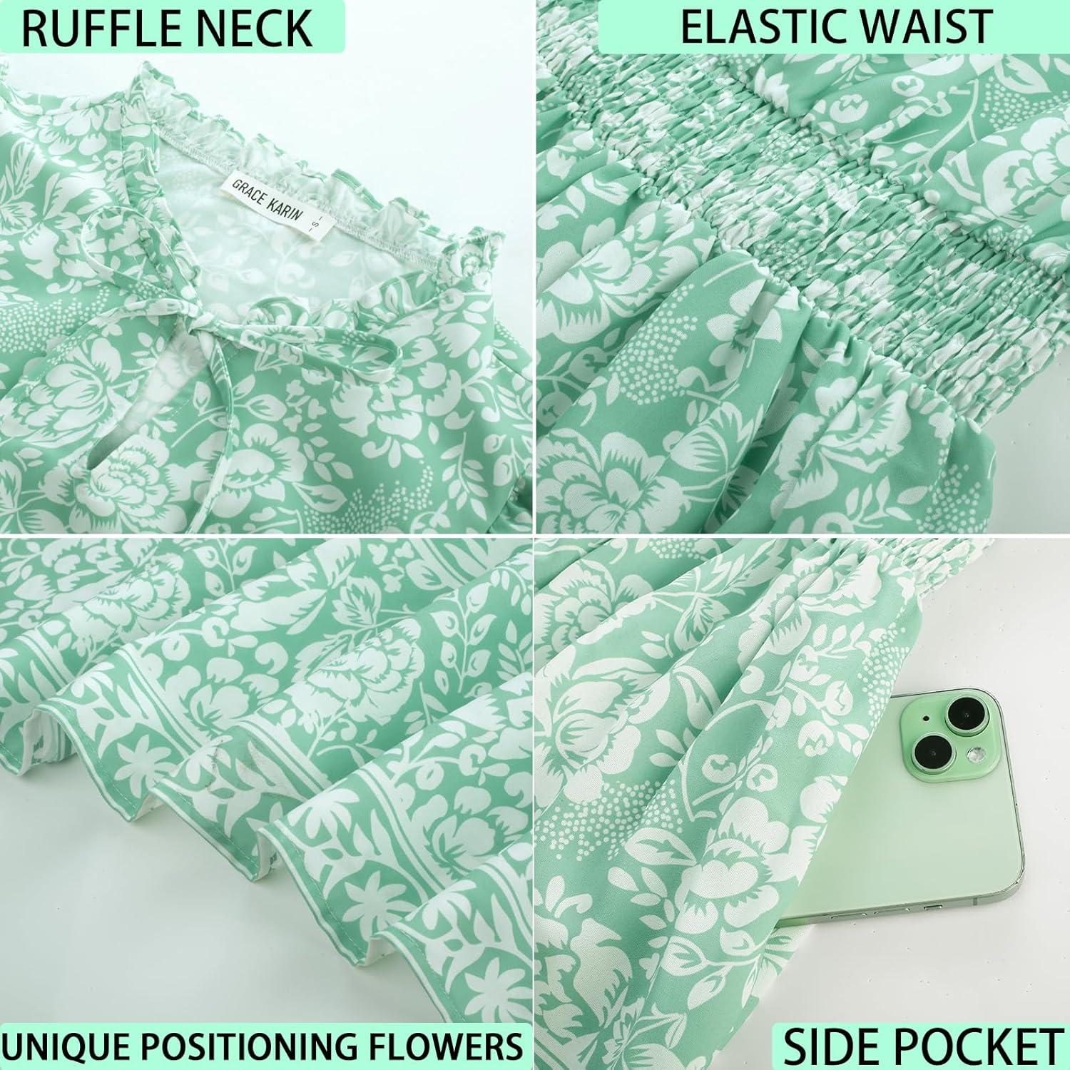 imageGRACE KARIN Womens Floral Boho Dress Hawaiian Dresse Short Sleeve V Neck Summer Beach Wedding Guest Swing Maxi SundressGreen White Floral