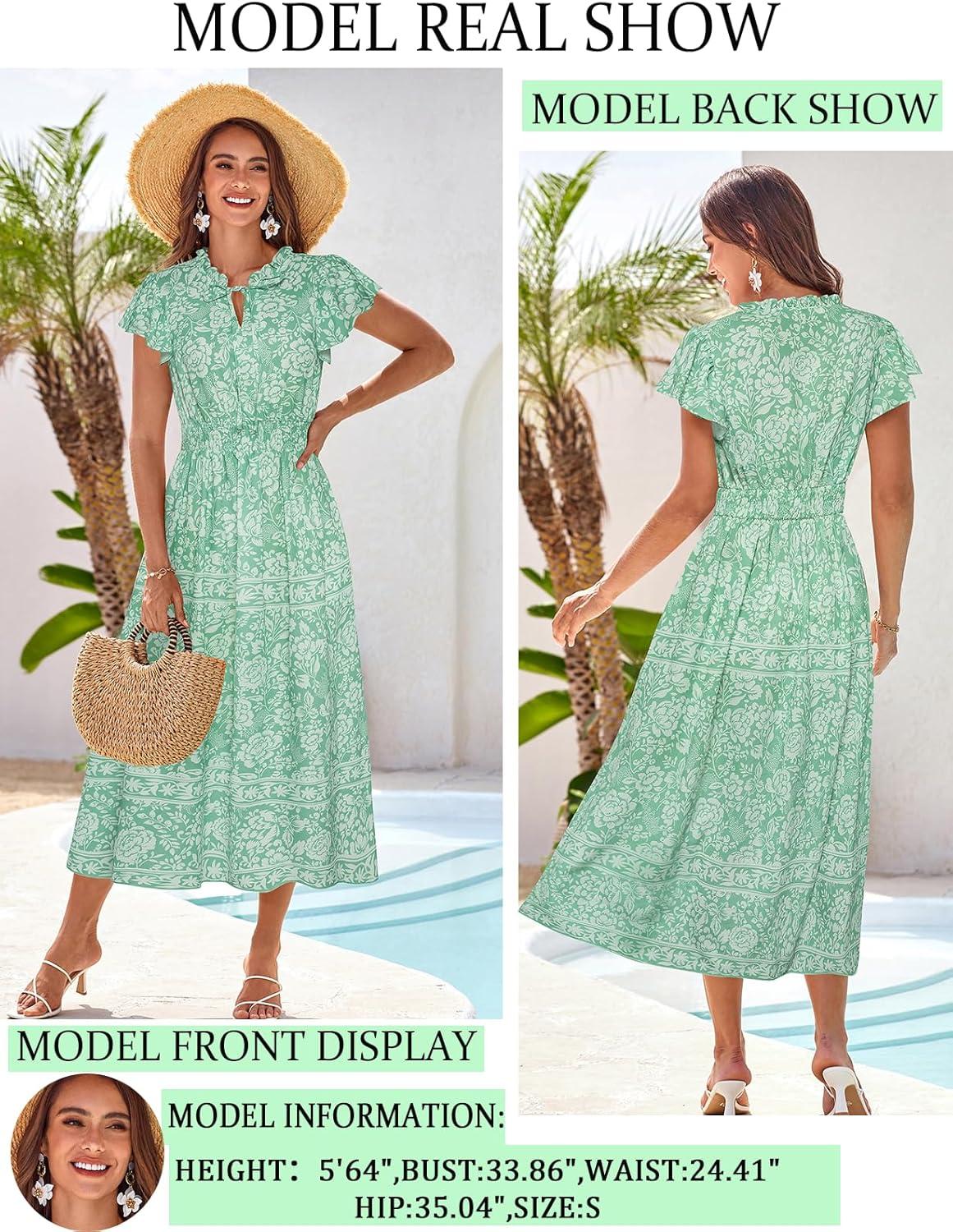 imageGRACE KARIN Womens Floral Boho Dress Hawaiian Dresse Short Sleeve V Neck Summer Beach Wedding Guest Swing Maxi SundressGreen White Floral