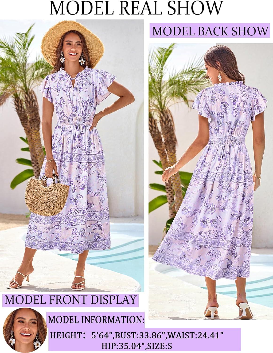 imageGRACE KARIN Womens Floral Boho Dress Hawaiian Dresse Short Sleeve V Neck Summer Beach Wedding Guest Swing Maxi SundressPurple Flowers
