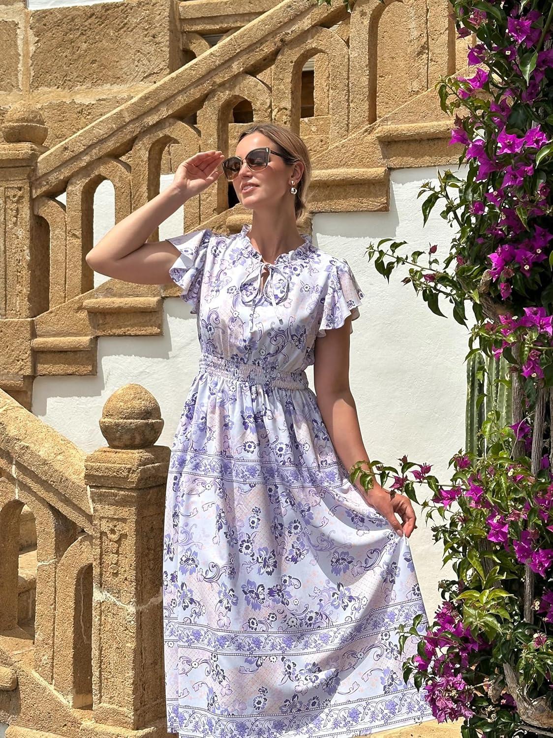 imageGRACE KARIN Womens Floral Boho Dress Hawaiian Dresse Short Sleeve V Neck Summer Beach Wedding Guest Swing Maxi SundressPurple Flowers