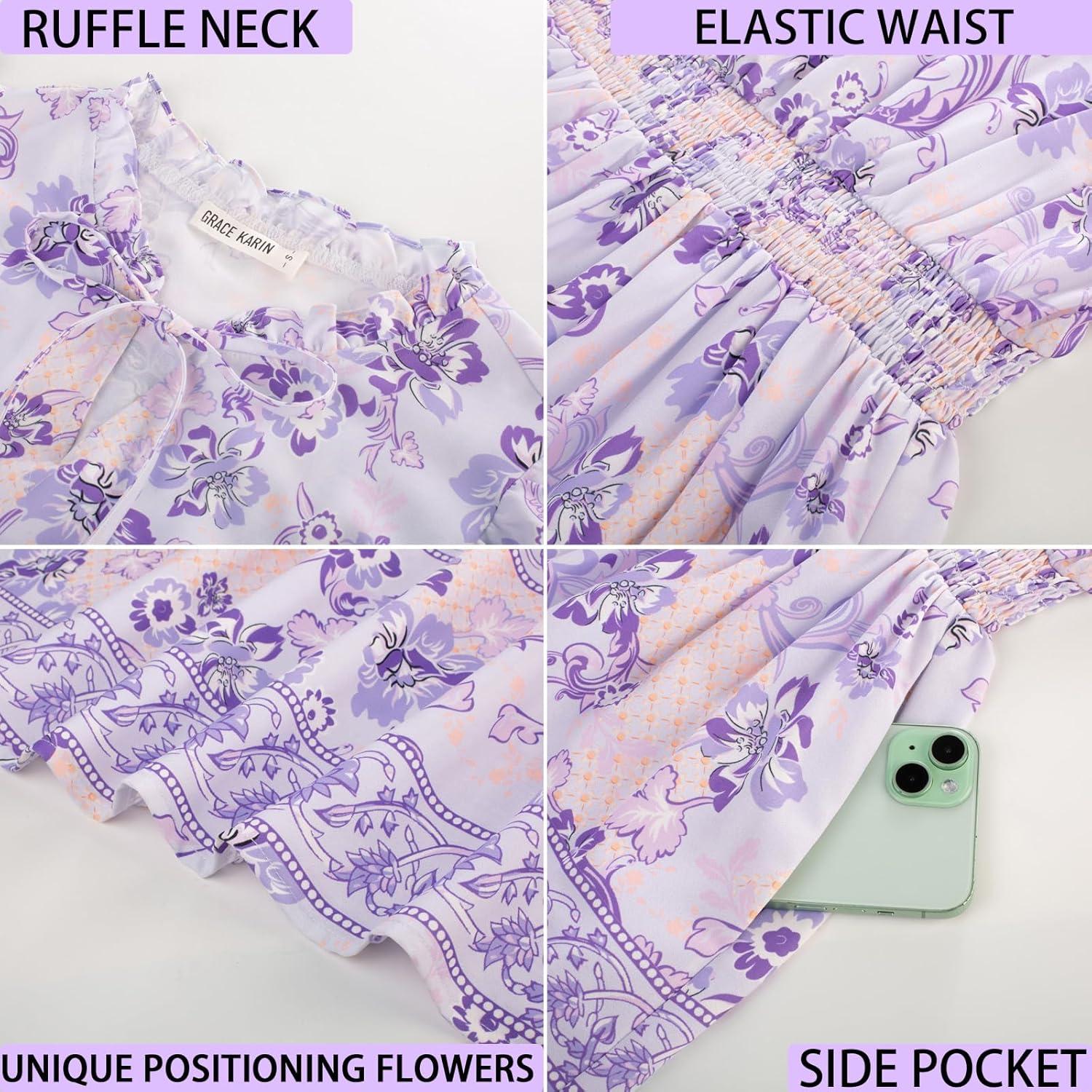 imageGRACE KARIN Womens Floral Boho Dress Hawaiian Dresse Short Sleeve V Neck Summer Beach Wedding Guest Swing Maxi SundressPurple Flowers