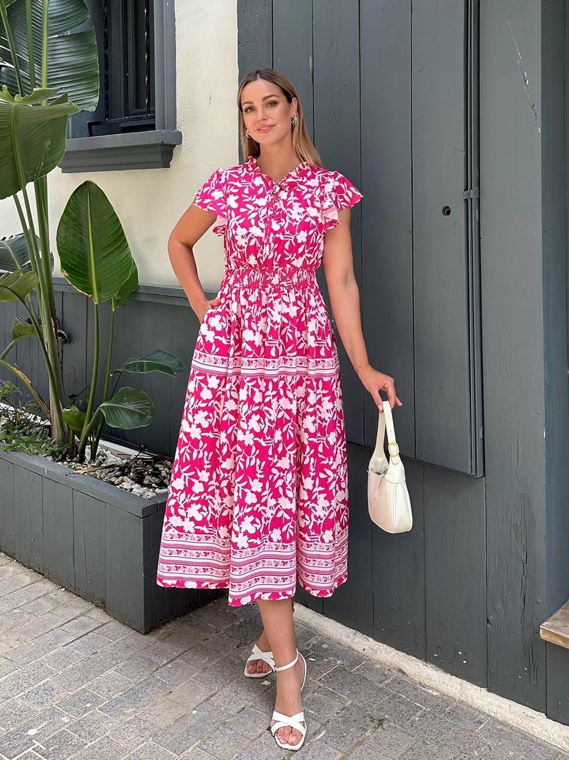 imageGRACE KARIN Womens Floral Boho Dress Hawaiian Dresse Short Sleeve V Neck Summer Beach Wedding Guest Swing Maxi SundressRose Pink With White Flowers