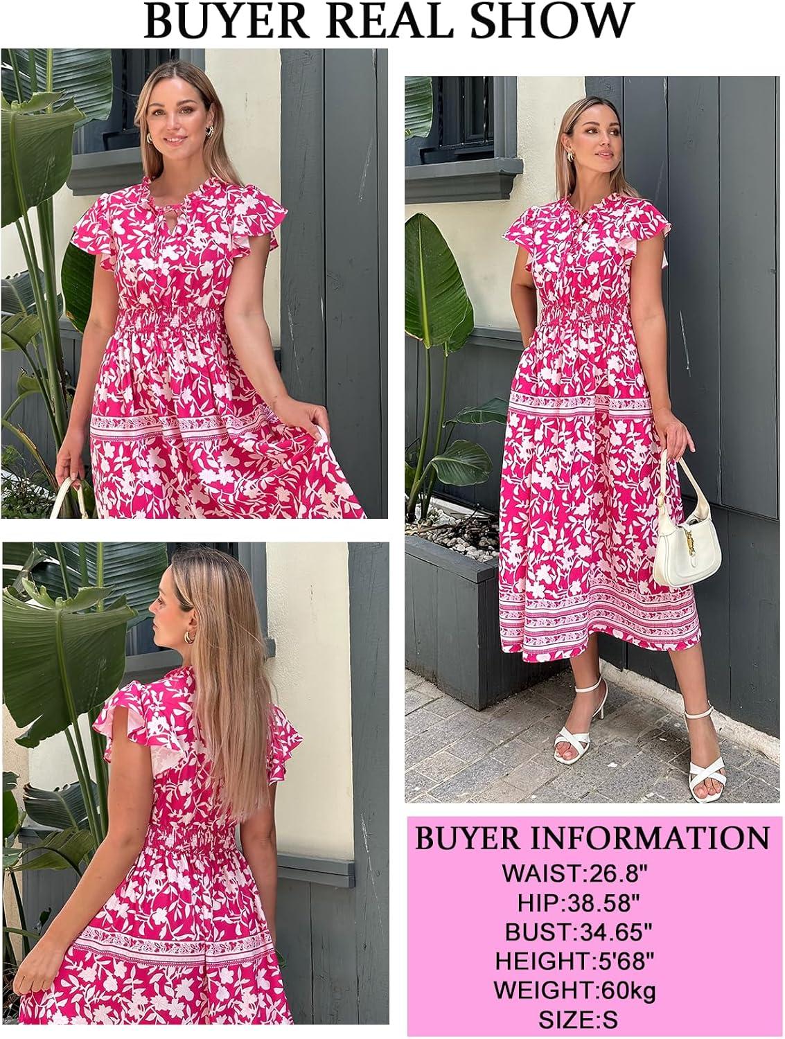imageGRACE KARIN Womens Floral Boho Dress Hawaiian Dresse Short Sleeve V Neck Summer Beach Wedding Guest Swing Maxi SundressRose Pink With White Flowers
