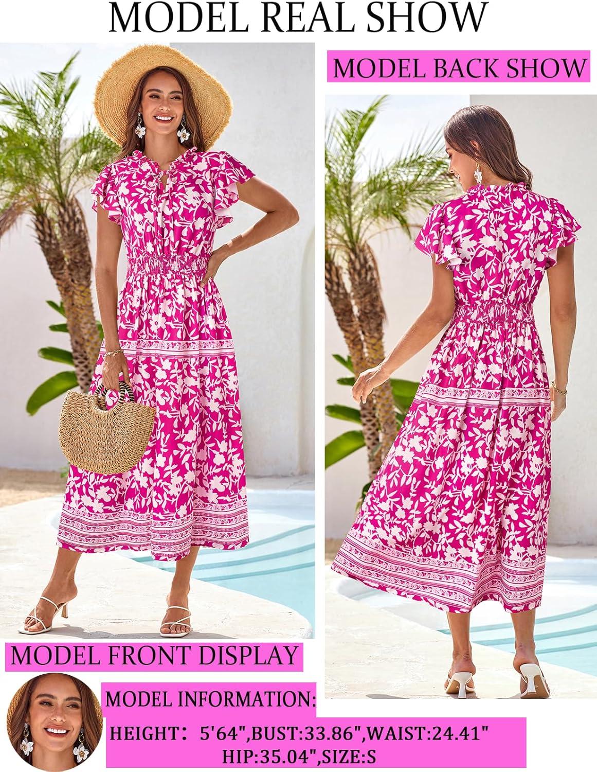 imageGRACE KARIN Womens Floral Boho Dress Hawaiian Dresse Short Sleeve V Neck Summer Beach Wedding Guest Swing Maxi SundressRose Pink With White Flowers