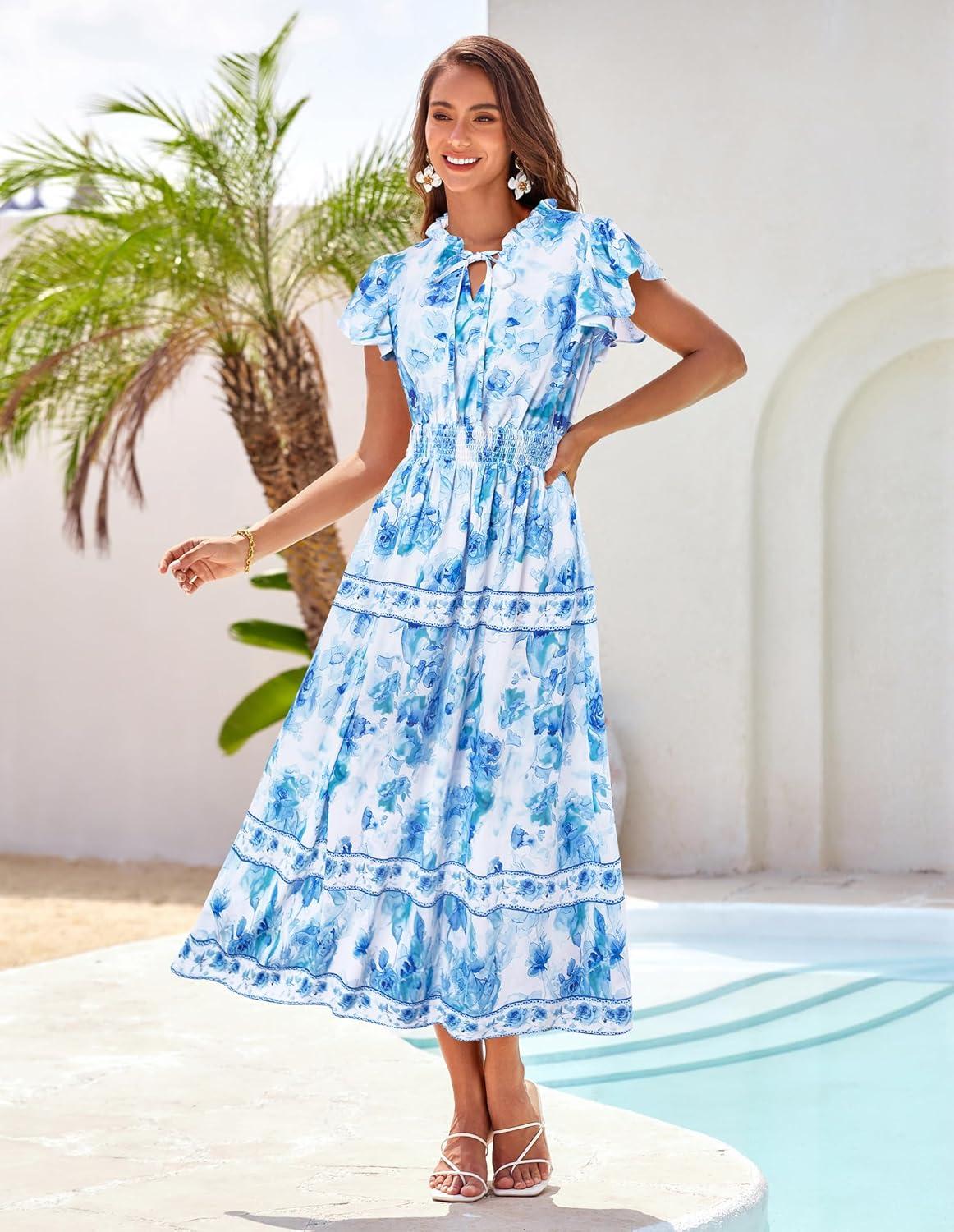 imageGRACE KARIN Womens Floral Boho Dress Hawaiian Dresse Short Sleeve V Neck Summer Beach Wedding Guest Swing Maxi SundressWhite Blue Blooming Flowers