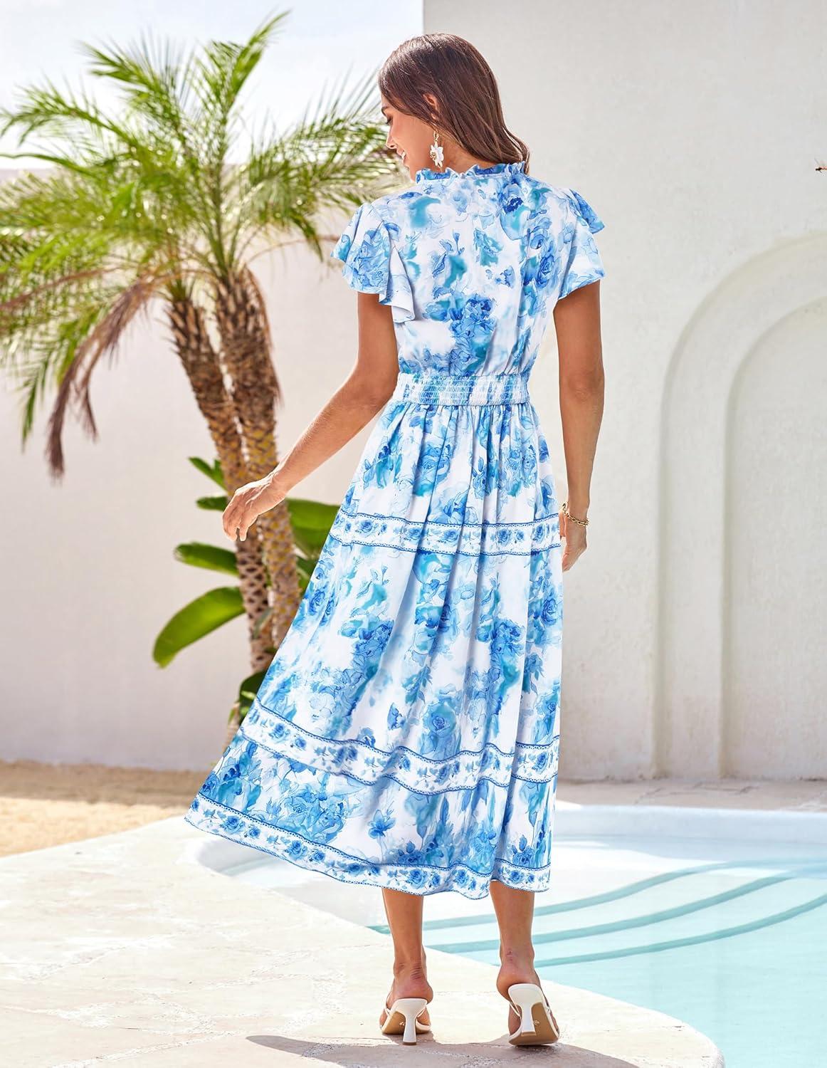 imageGRACE KARIN Womens Floral Boho Dress Hawaiian Dresse Short Sleeve V Neck Summer Beach Wedding Guest Swing Maxi SundressWhite Blue Blooming Flowers