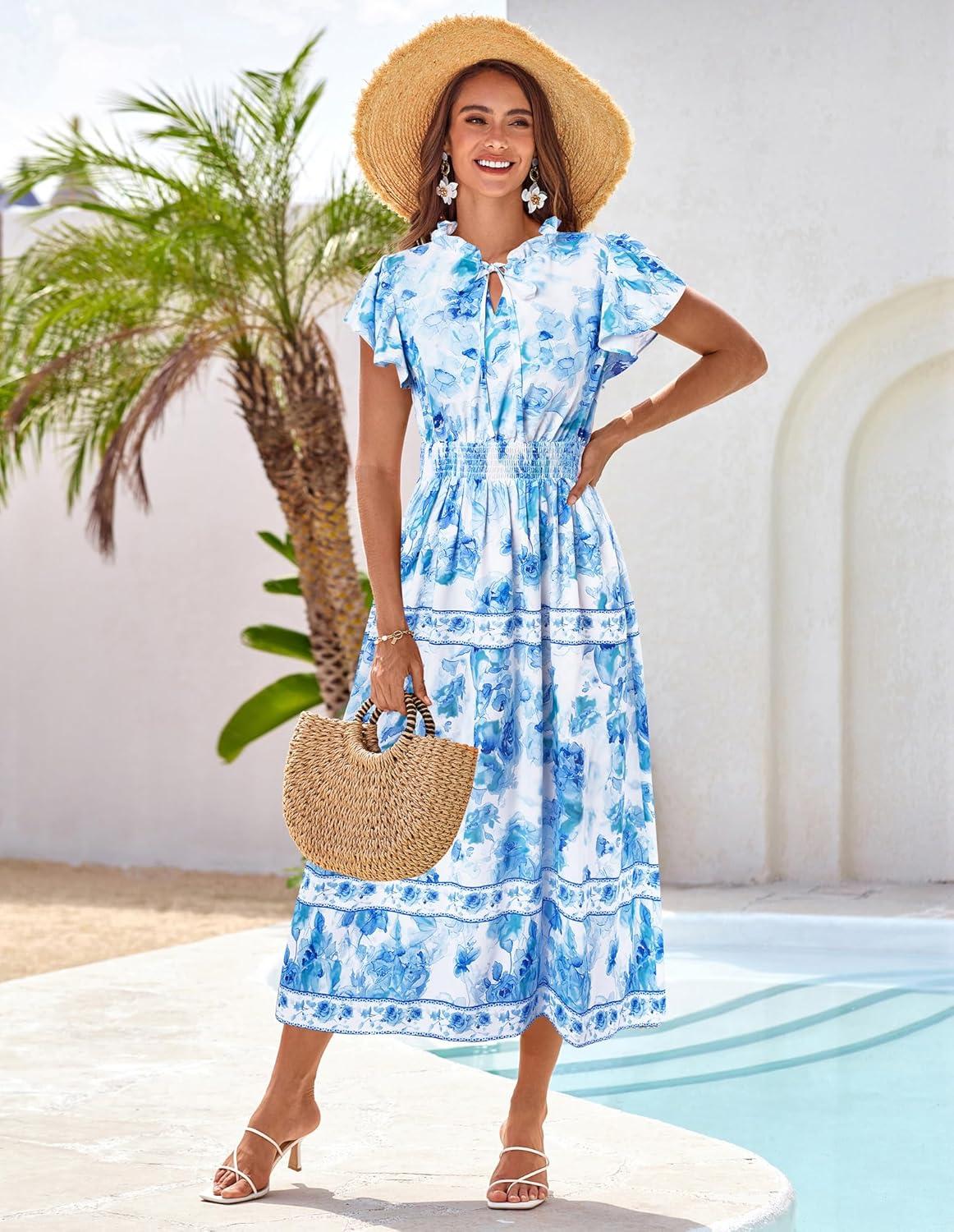 imageGRACE KARIN Womens Floral Boho Dress Hawaiian Dresse Short Sleeve V Neck Summer Beach Wedding Guest Swing Maxi SundressWhite Blue Blooming Flowers