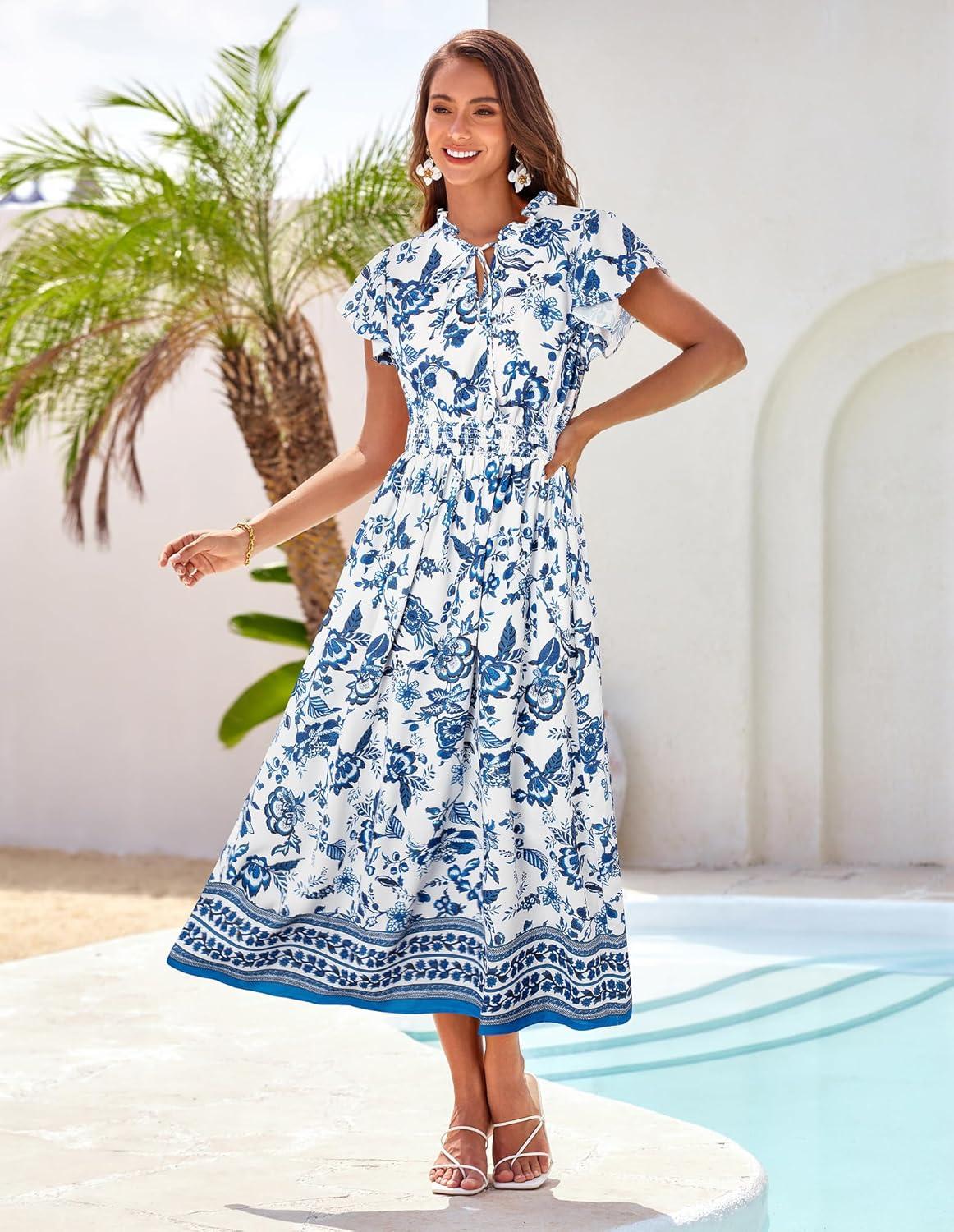 imageGRACE KARIN Womens Floral Boho Dress Hawaiian Dresse Short Sleeve V Neck Summer Beach Wedding Guest Swing Maxi SundressWhite With Deep Blue Flower