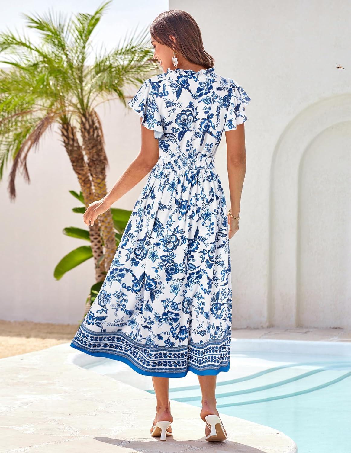 imageGRACE KARIN Womens Floral Boho Dress Hawaiian Dresse Short Sleeve V Neck Summer Beach Wedding Guest Swing Maxi SundressWhite With Deep Blue Flower