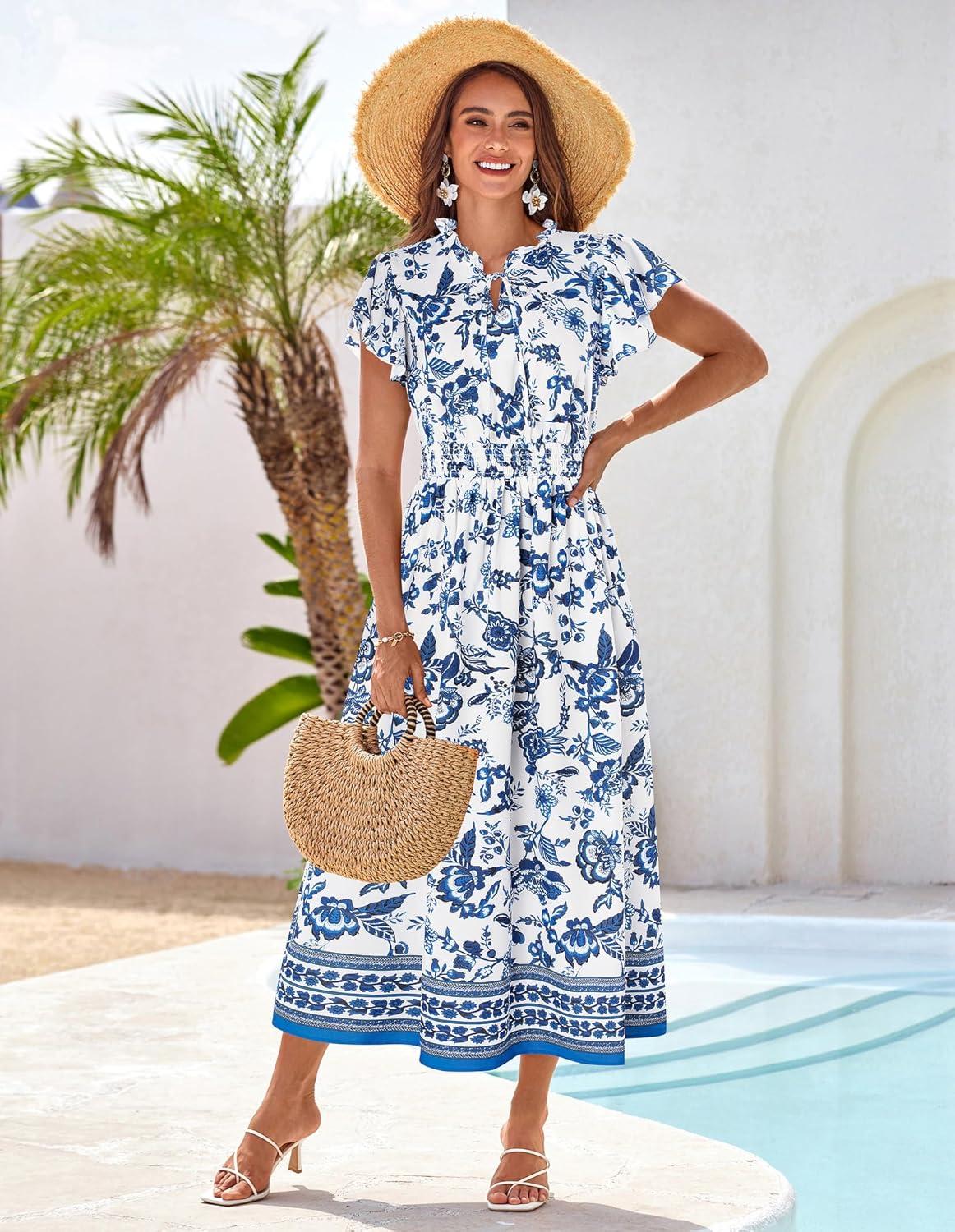 imageGRACE KARIN Womens Floral Boho Dress Hawaiian Dresse Short Sleeve V Neck Summer Beach Wedding Guest Swing Maxi SundressWhite With Deep Blue Flower