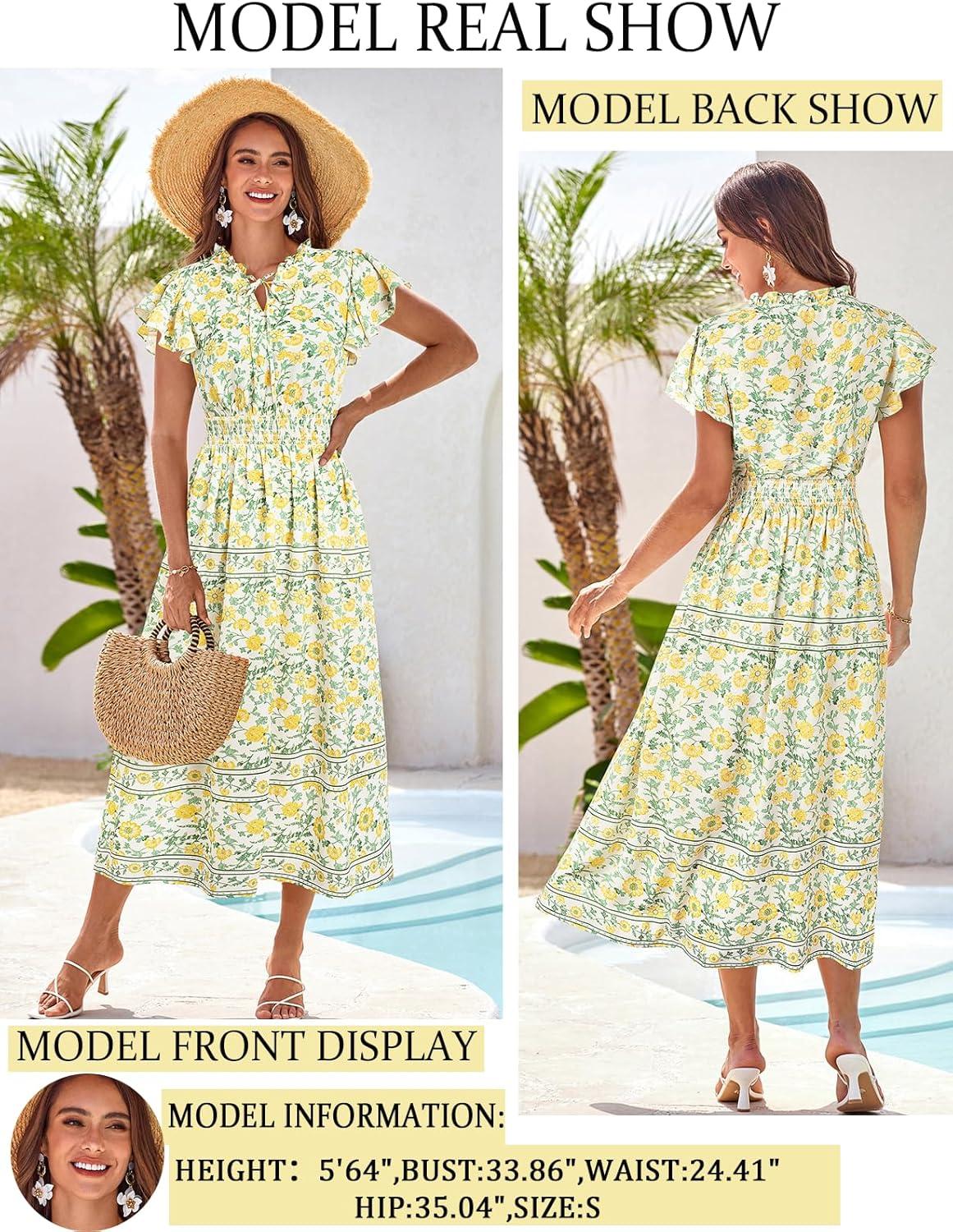 imageGRACE KARIN Womens Floral Boho Dress Hawaiian Dresse Short Sleeve V Neck Summer Beach Wedding Guest Swing Maxi SundressYellow Flower