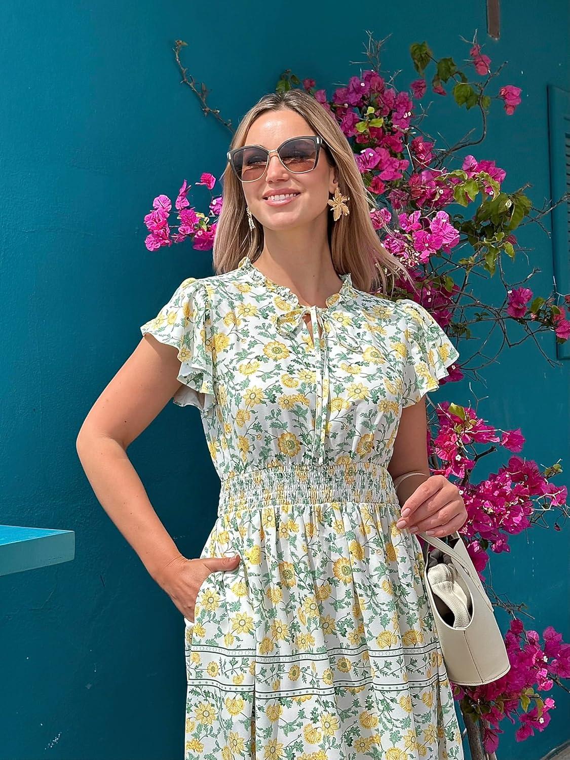 imageGRACE KARIN Womens Floral Boho Dress Hawaiian Dresse Short Sleeve V Neck Summer Beach Wedding Guest Swing Maxi SundressYellow Flower