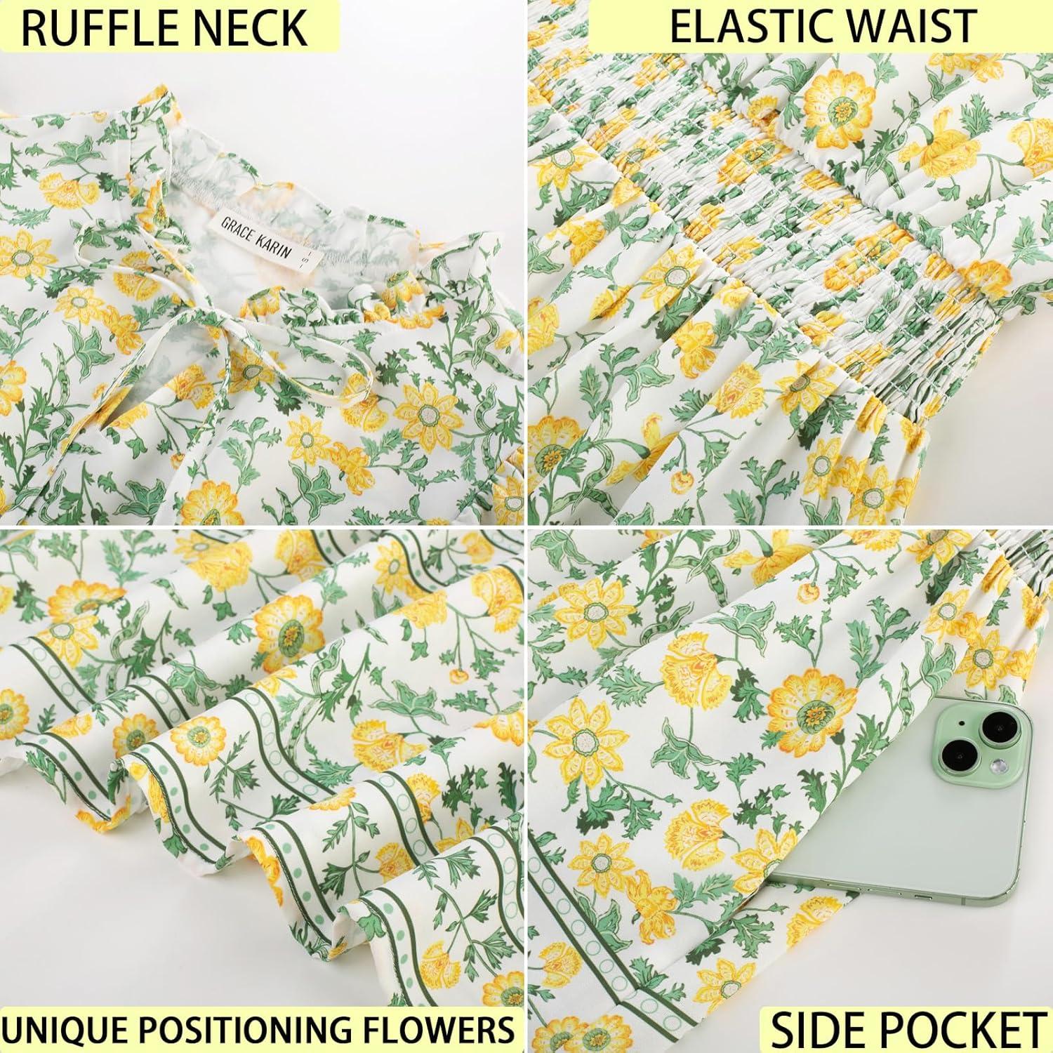 imageGRACE KARIN Womens Floral Boho Dress Hawaiian Dresse Short Sleeve V Neck Summer Beach Wedding Guest Swing Maxi SundressYellow Flower