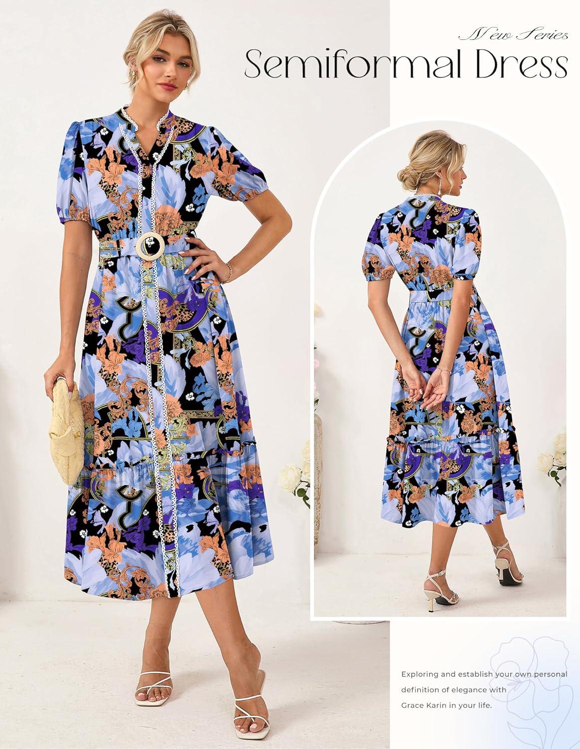 imageGRACE KARIN Womens Summer Floral Maxi Dress 2026 Casual Puff Short Sleeve Shirt Dress Boho Flowy Dresses with Pockets amp BeltBlue Black Purple Floral