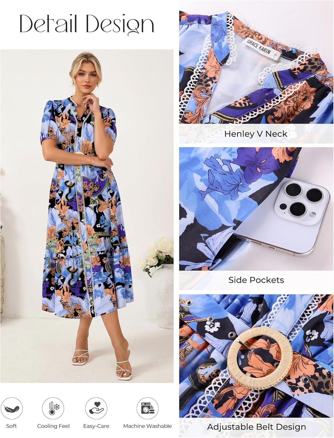 imageGRACE KARIN Womens Summer Floral Maxi Dress 2026 Casual Puff Short Sleeve Shirt Dress Boho Flowy Dresses with Pockets amp BeltBlue Black Purple Floral