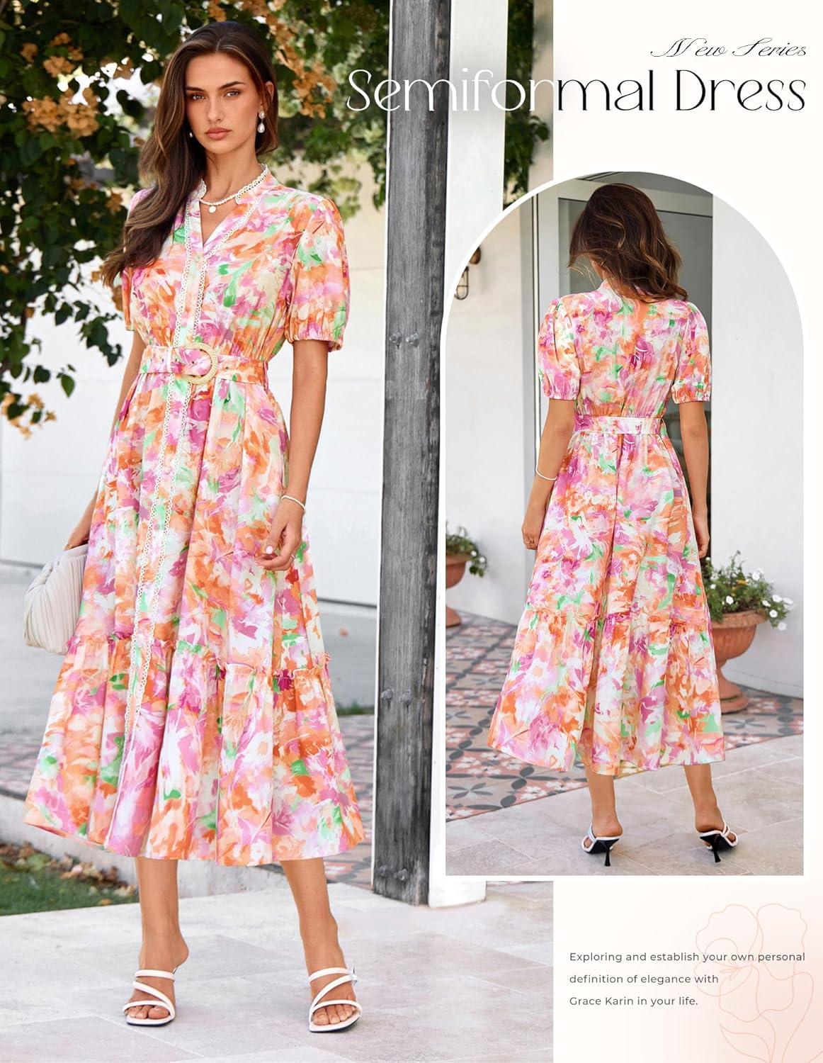 imageGRACE KARIN Womens Summer Floral Maxi Dress 2026 Casual Puff Short Sleeve Shirt Dress Boho Flowy Dresses with Pockets amp BeltPink Orange Floral