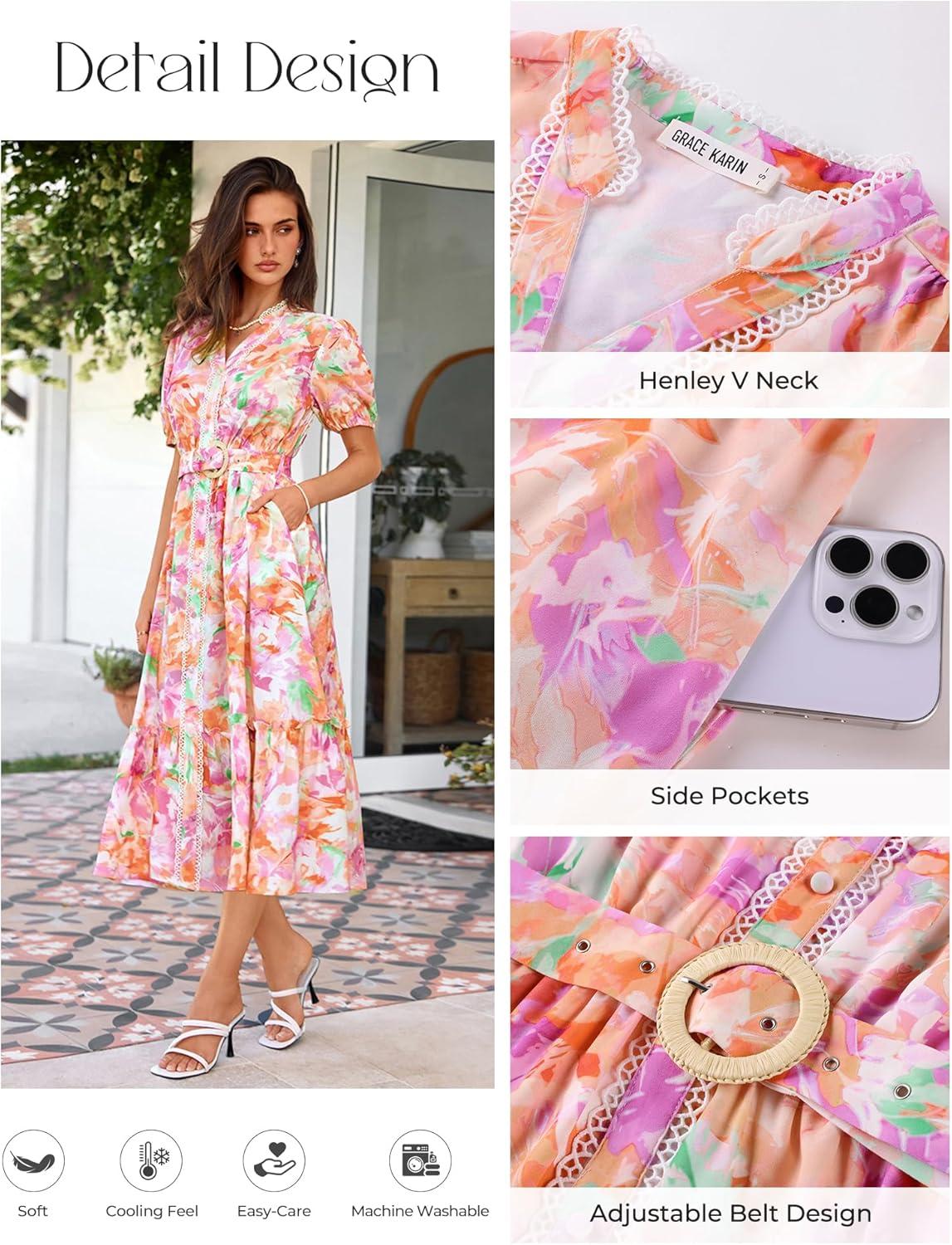 imageGRACE KARIN Womens Summer Floral Maxi Dress 2026 Casual Puff Short Sleeve Shirt Dress Boho Flowy Dresses with Pockets amp BeltPink Orange Floral