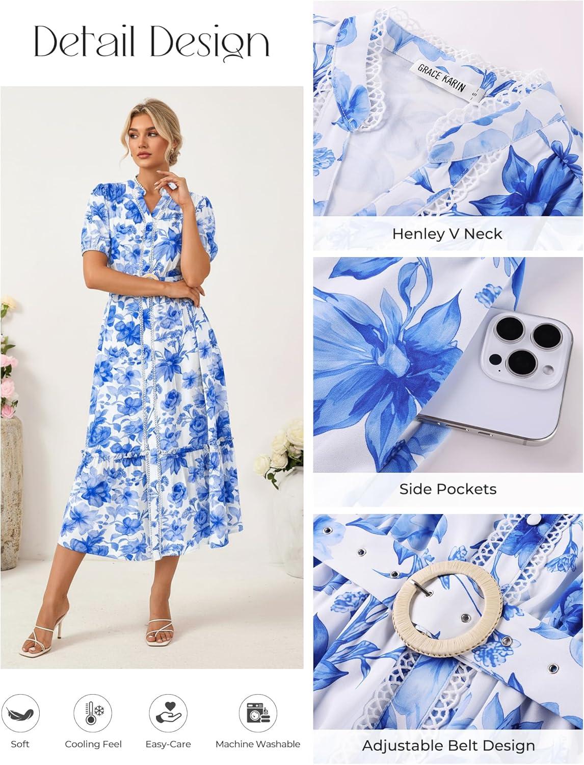 imageGRACE KARIN Womens Summer Floral Maxi Dress 2026 Casual Puff Short Sleeve Shirt Dress Boho Flowy Dresses with Pockets amp BeltWhite Blue Floral