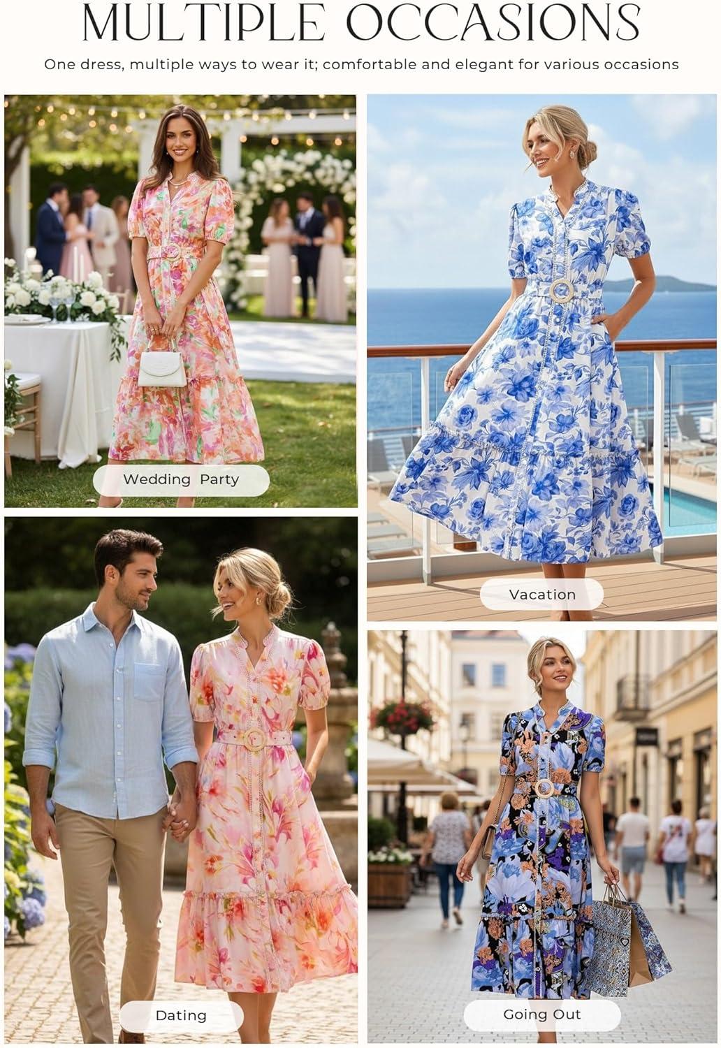 imageGRACE KARIN Womens Summer Floral Maxi Dress 2026 Casual Puff Short Sleeve Shirt Dress Boho Flowy Dresses with Pockets amp BeltWhite Blue Floral