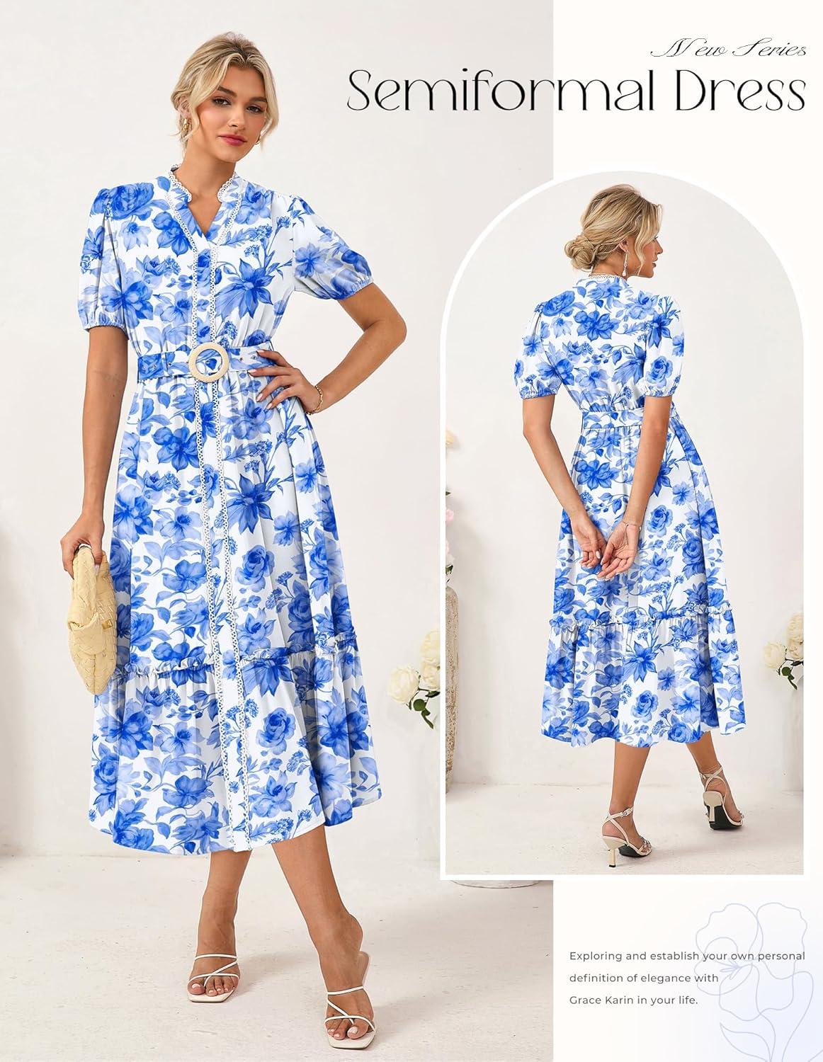 imageGRACE KARIN Womens Summer Floral Maxi Dress 2026 Casual Puff Short Sleeve Shirt Dress Boho Flowy Dresses with Pockets amp BeltWhite Blue Floral