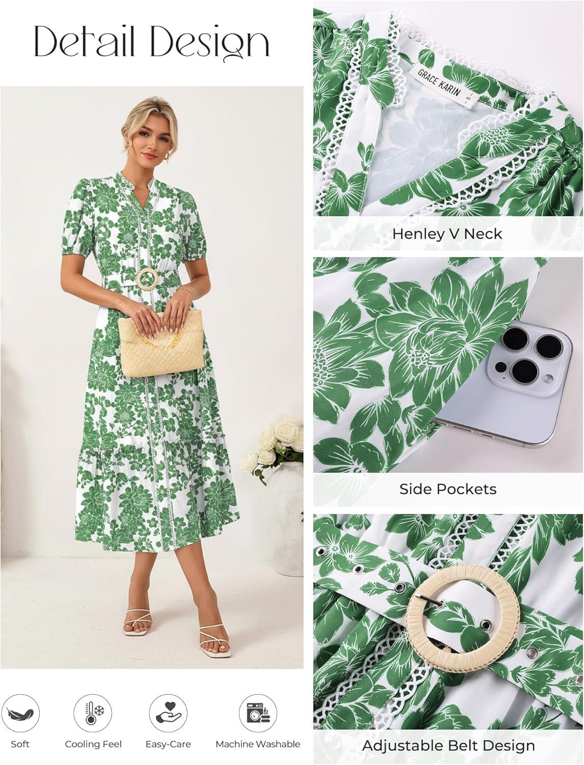 imageGRACE KARIN Womens Summer Floral Maxi Dress 2026 Casual Puff Short Sleeve Shirt Dress Boho Flowy Dresses with Pockets amp BeltWhite Green Floral