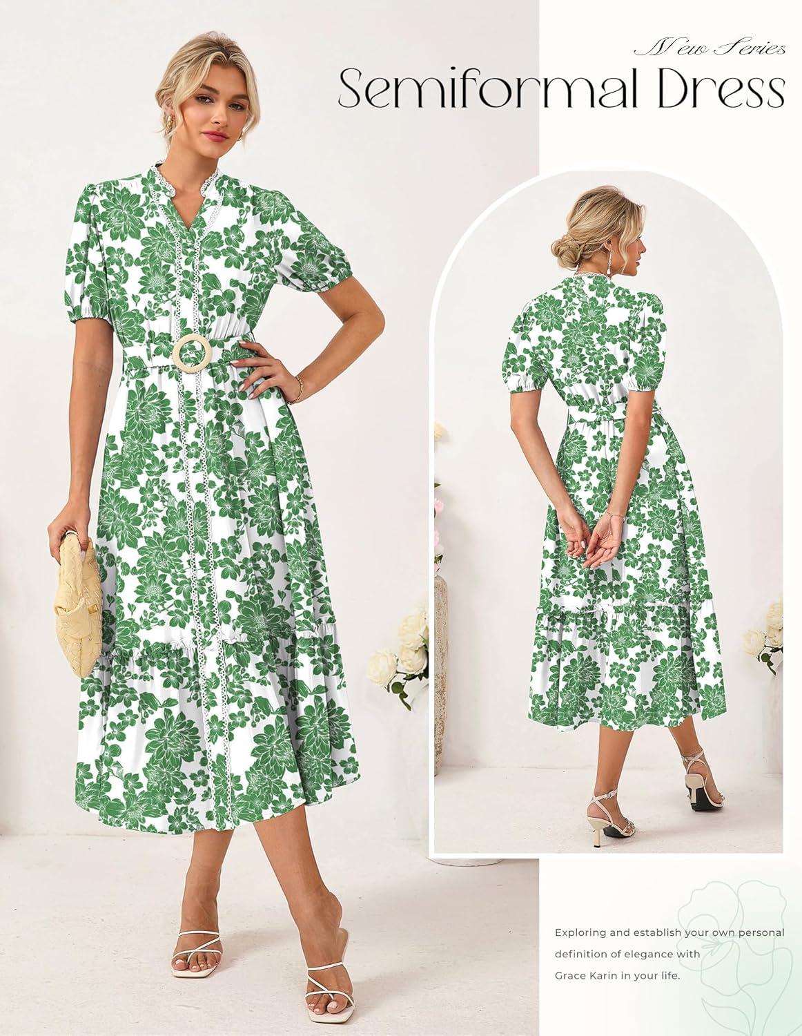 imageGRACE KARIN Womens Summer Floral Maxi Dress 2026 Casual Puff Short Sleeve Shirt Dress Boho Flowy Dresses with Pockets amp BeltWhite Green Floral