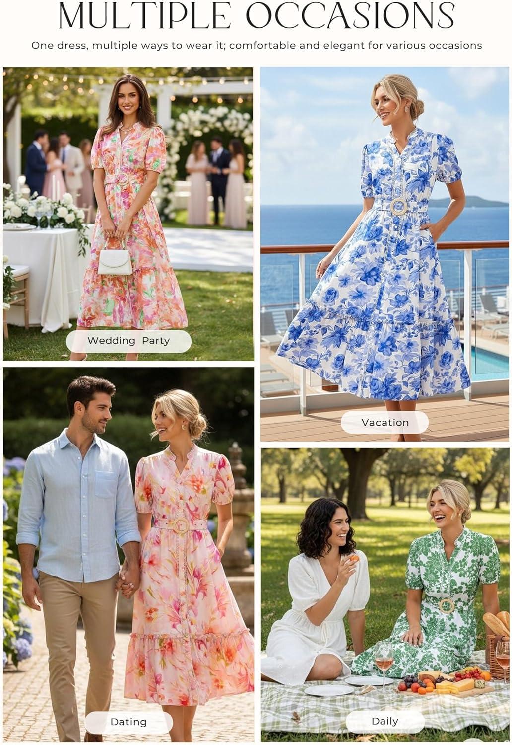 imageGRACE KARIN Womens Summer Floral Maxi Dress 2026 Casual Puff Short Sleeve Shirt Dress Boho Flowy Dresses with Pockets amp BeltWhite Green Floral