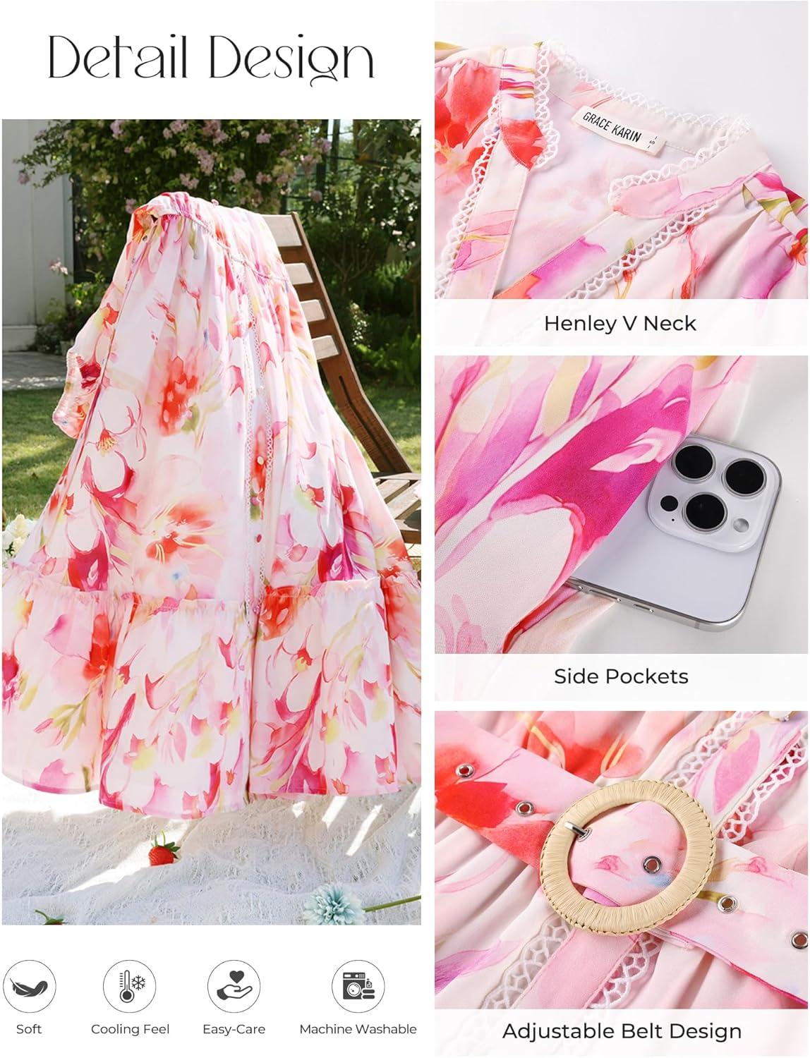 imageGRACE KARIN Womens Summer Floral Maxi Dress 2026 Casual Puff Short Sleeve Shirt Dress Boho Flowy Dresses with Pockets amp BeltWhite Pink Floral