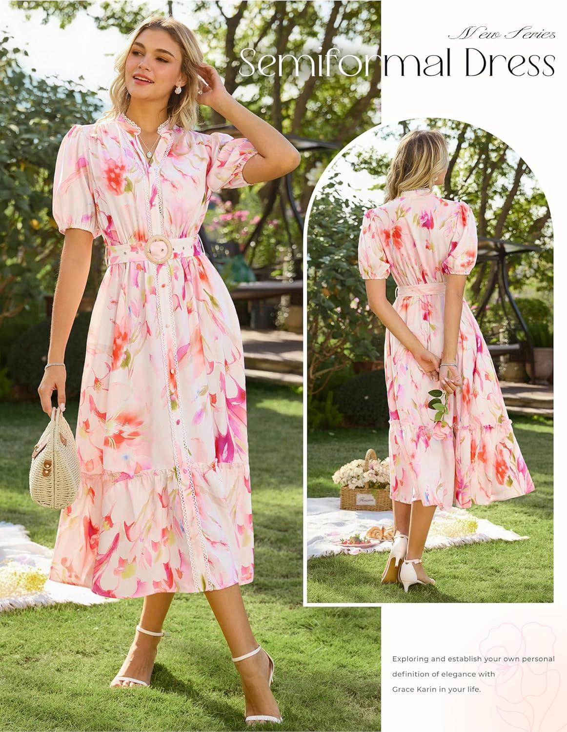 imageGRACE KARIN Womens Summer Floral Maxi Dress 2026 Casual Puff Short Sleeve Shirt Dress Boho Flowy Dresses with Pockets amp BeltWhite Pink Floral