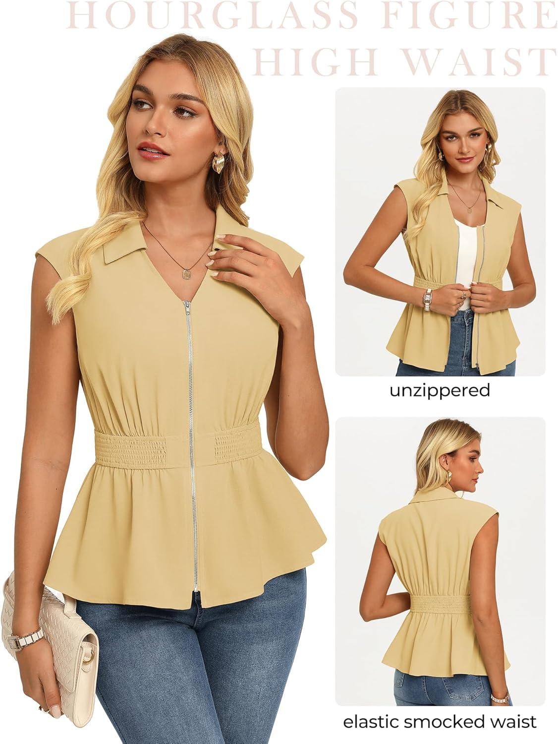 imageGRACE KARIN Womens Summer Sleeveless Tops DressyBusiness Casual Work Peplum BlousesZip V Neck Trendy Shirts Smocked WaistBeige