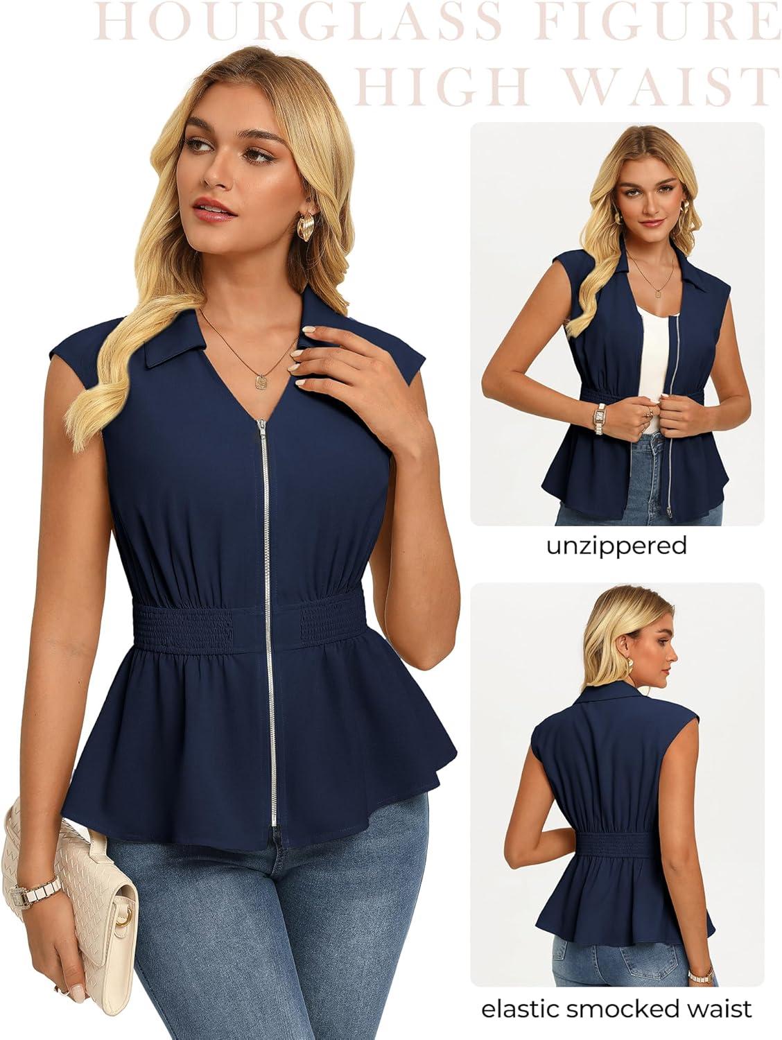 imageGRACE KARIN Womens Summer Sleeveless Tops DressyBusiness Casual Work Peplum BlousesZip V Neck Trendy Shirts Smocked WaistNavy Blue