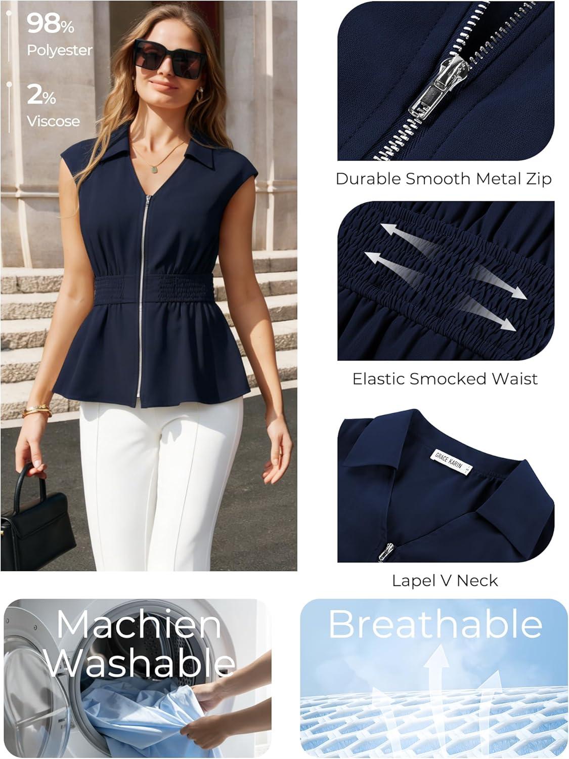 imageGRACE KARIN Womens Summer Sleeveless Tops DressyBusiness Casual Work Peplum BlousesZip V Neck Trendy Shirts Smocked WaistNavy Blue
