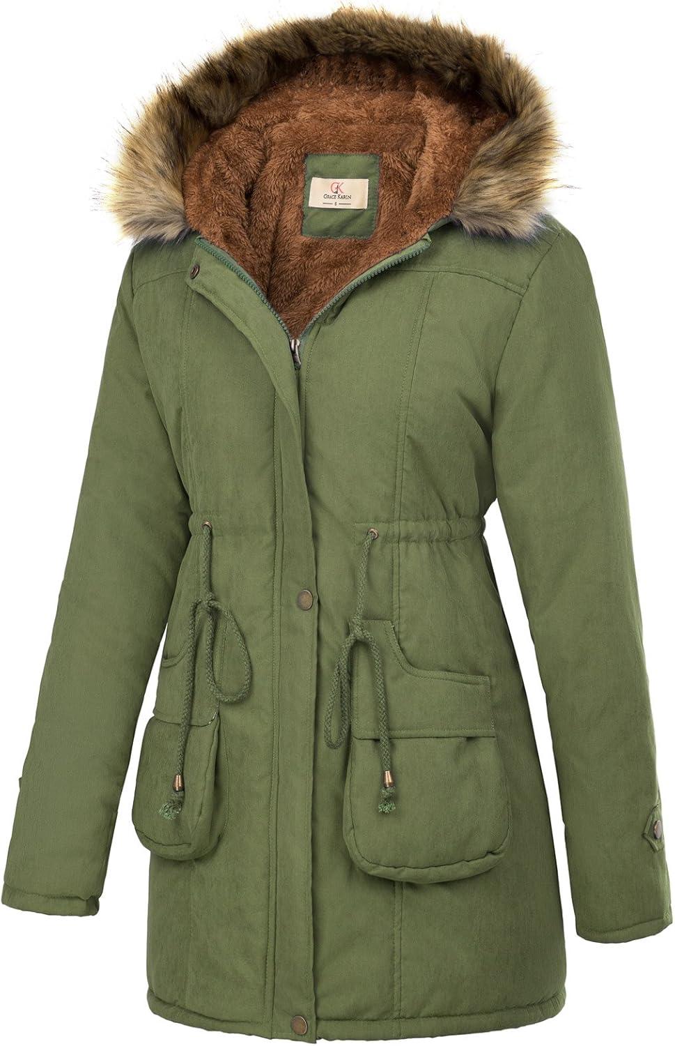 imageGRACE KARIN Womens Winter Coats Fleece Parkas Anoraks Hooded Military Jacket CoatsArmy Green