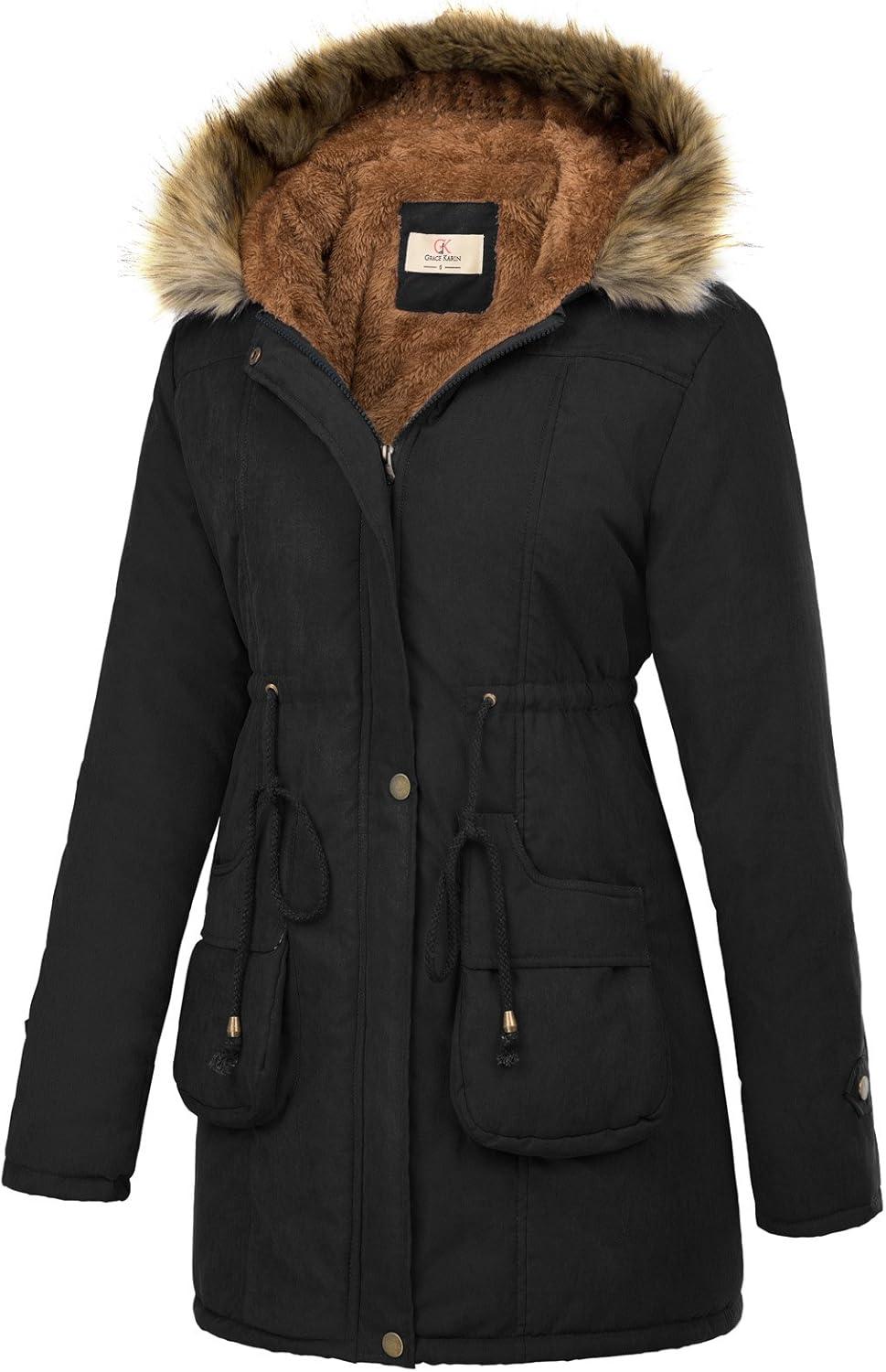 imageGRACE KARIN Womens Winter Coats Fleece Parkas Anoraks Hooded Military Jacket CoatsBlack