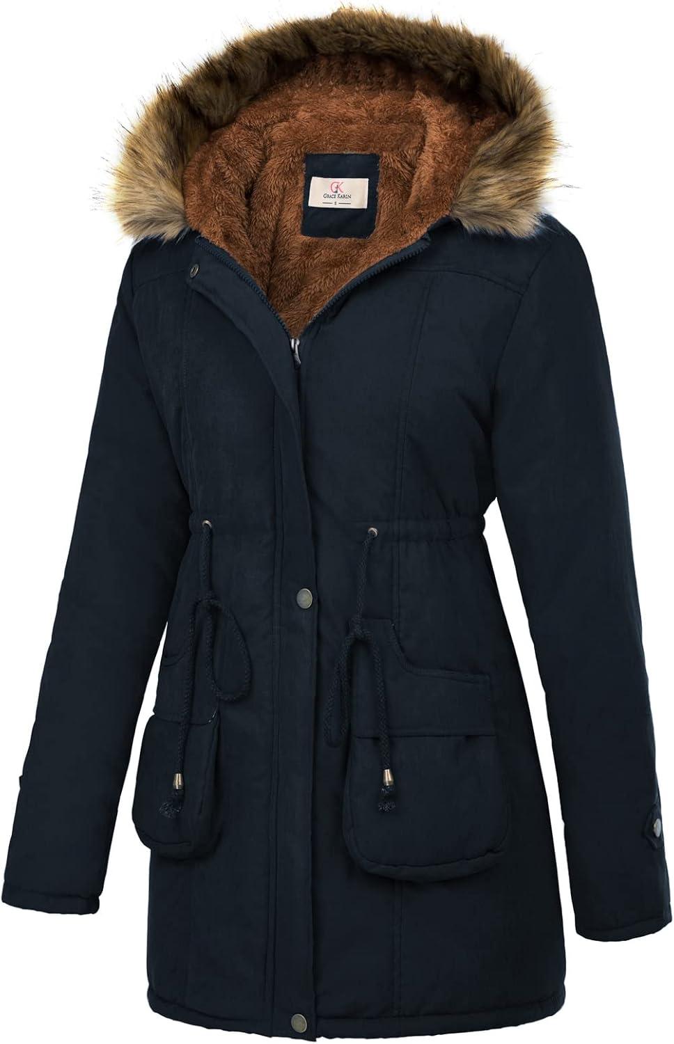 imageGRACE KARIN Womens Winter Coats Fleece Parkas Anoraks Hooded Military Jacket CoatsDark Blue
