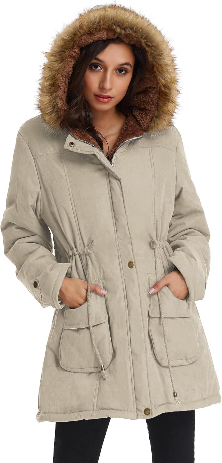 imageGRACE KARIN Womens Winter Coats Fleece Parkas Anoraks Hooded Military Jacket CoatsGray Apricot