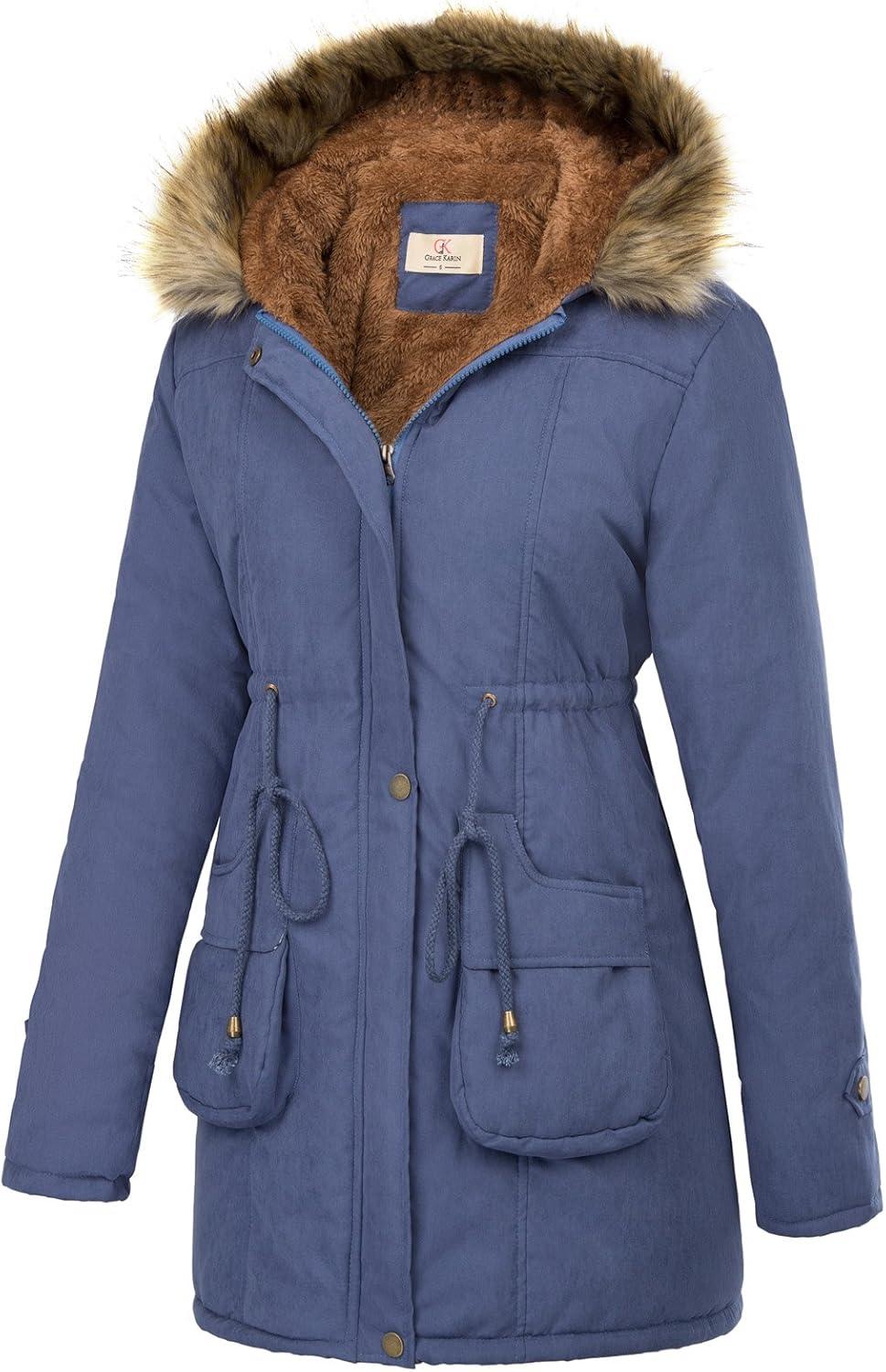 imageGRACE KARIN Womens Winter Coats Fleece Parkas Anoraks Hooded Military Jacket CoatsNavy Blue