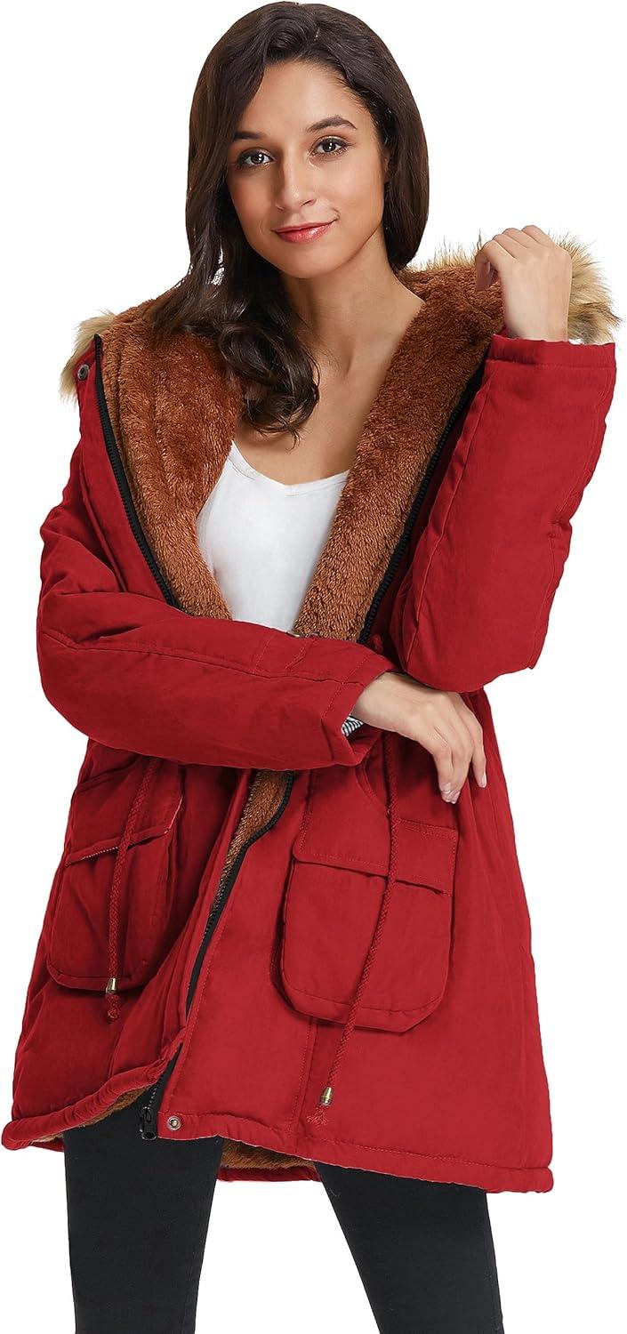 imageGRACE KARIN Womens Winter Coats Fleece Parkas Anoraks Hooded Military Jacket CoatsStrong Red