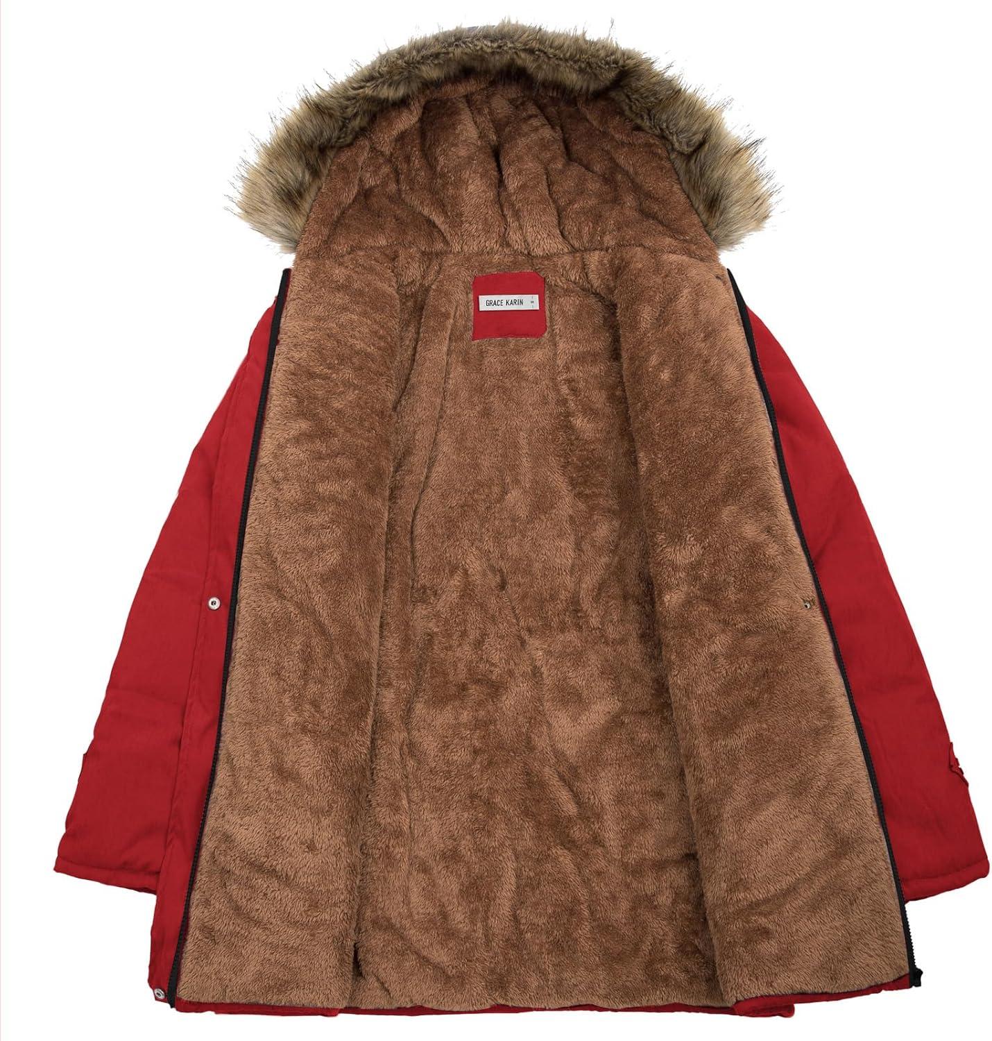 imageGRACE KARIN Womens Winter Coats Fleece Parkas Anoraks Hooded Military Jacket CoatsStrong Red