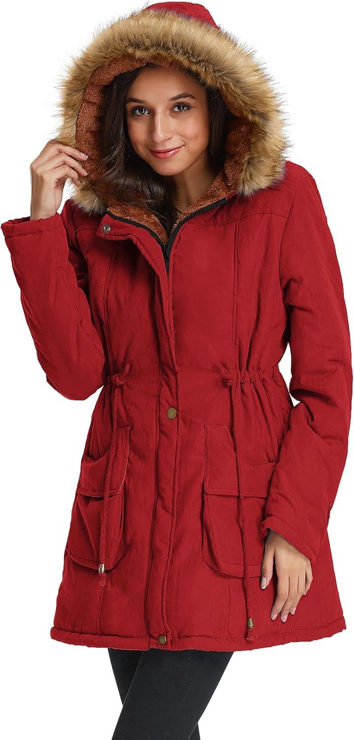 imageGRACE KARIN Womens Winter Coats Fleece Parkas Anoraks Hooded Military Jacket CoatsStrong Red